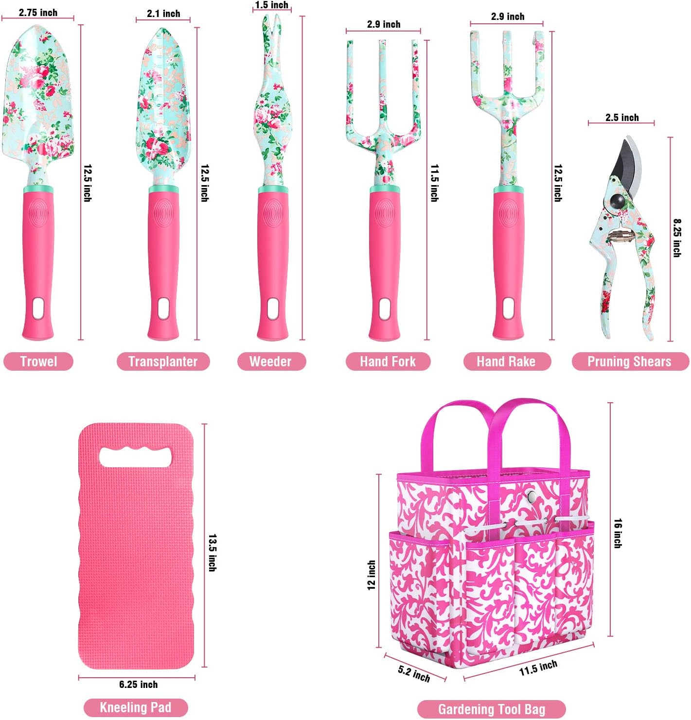 Gardening Tools, 8 Pcs Heavy Duty Floral Garden Tool Set Birthday Gifts for Women WANCHI Rose Red Gardening Kit (Garden Tool Bag Kneeling Pad Weeder Fork Hand Rake Pruning Shears Trowel Transplanter)