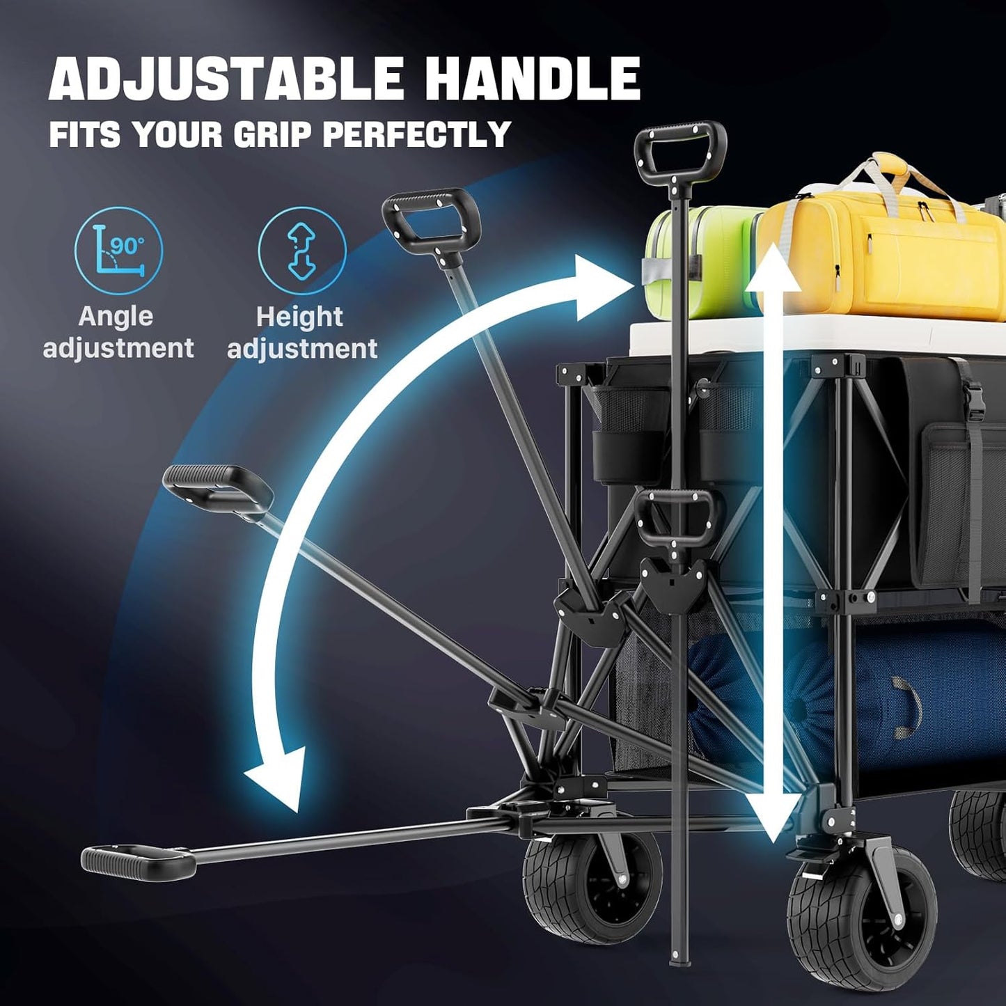 Folding Double Decker Wagon, 560LBS Heavy Duty Utility Cart with Brakes, 400L Wagon Cart with Wheels Foldable, All-Terrain Big Wheels for Camping, Beach, Picnic, Outdoor Use, Black