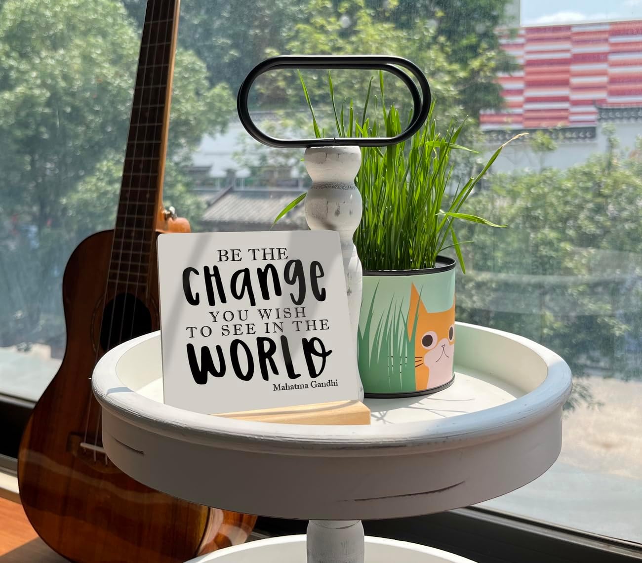 Primitive Wooden Sign, Be the Change You Wish to See in the World, Desk Plaque with Wooden Stand 4 x 4.3 inches, Mahatma Gandhi Saying, Decor for Kids Room, Home Decor, Graduation Gift, Gift for Teens