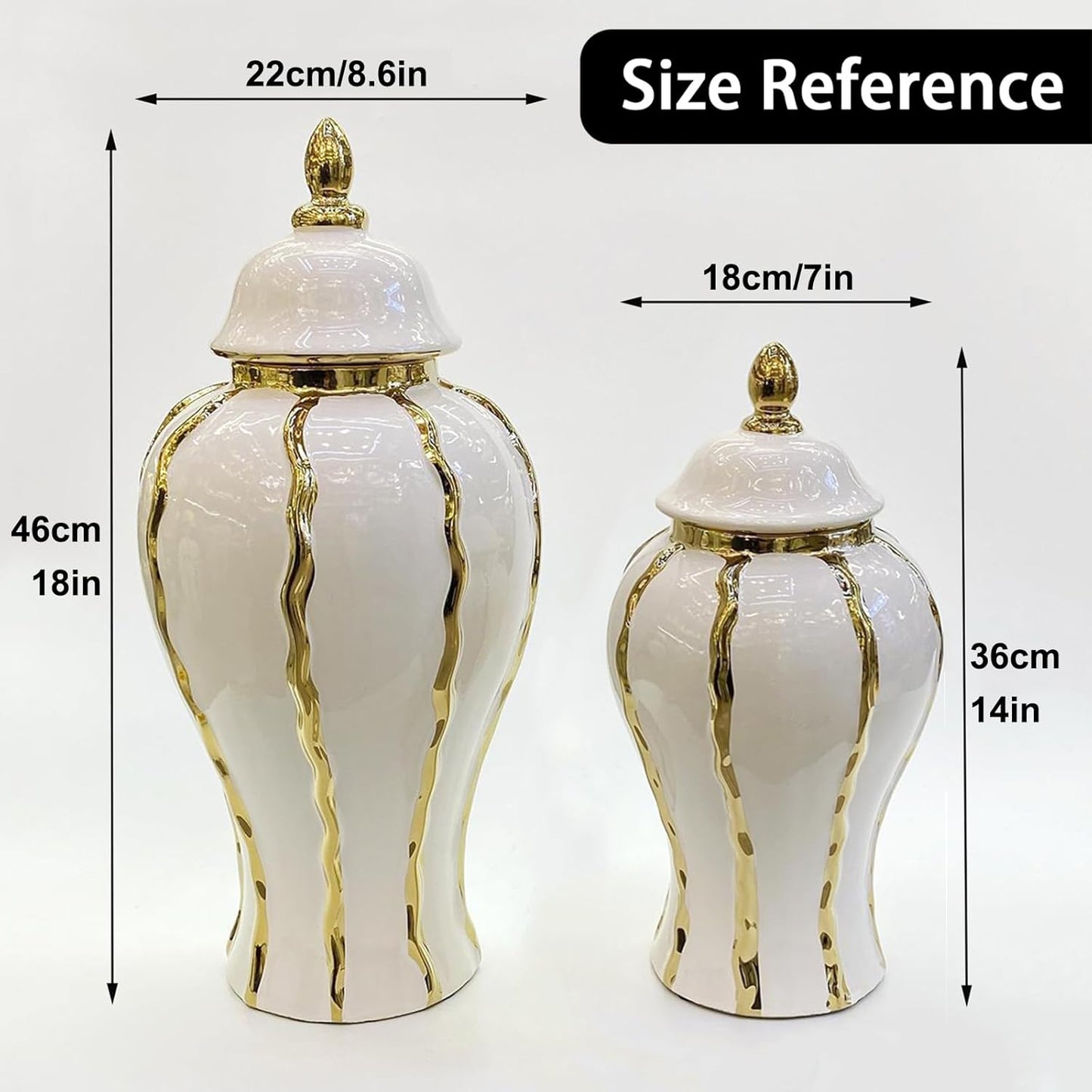 Ginger Jar, White Gold Ceramic Vase Large Handmade Porcelain Vases with Lid, White Gold Decorative Flower Vase for Home, Living Room, Weddings, Centerpieces (18in with Lid)