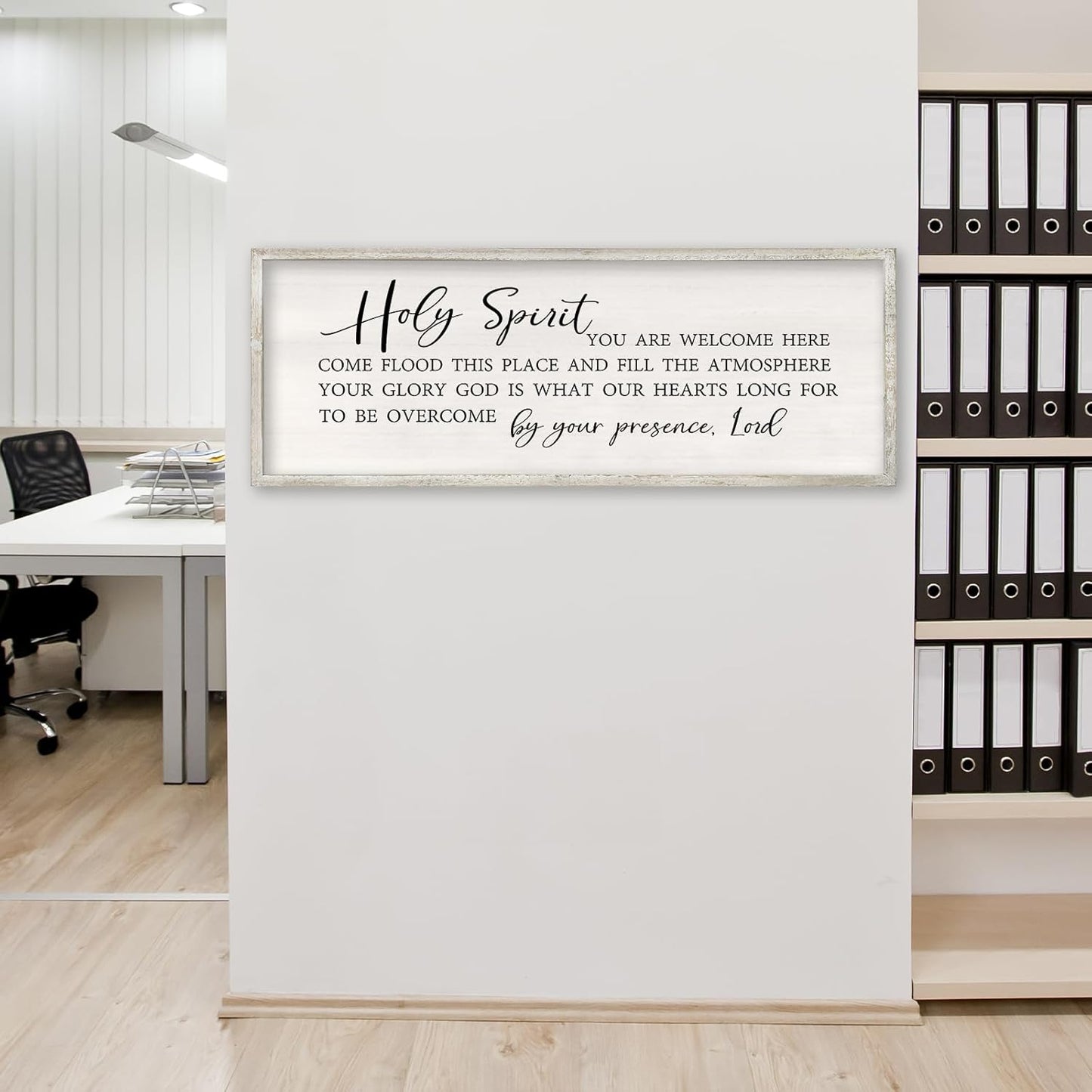 RLWangChao Christian Inspirational Wall Decor Holy Spirit You are Welcome Here Sign 32×12 Inch Bible Verse Plaque Religious Scripture Quote for Living Room Large Wood Framed Wall Hanging (White)