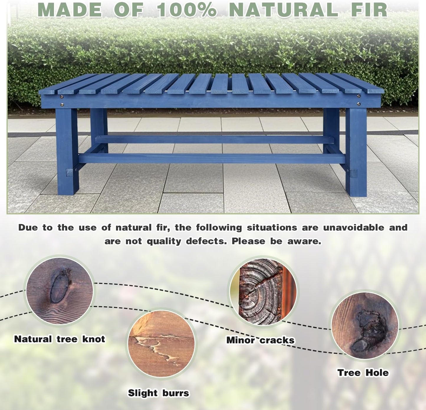 Outdoor Garden Wood Bench, 3-Person Weatherproof Wooden Bench Park Narrow Bench, Never Rot or Fade Waterproof Backless Bench for Entryway, Outdoor, Patio, Porch, Backyard and Park (Blue,47.2''/120cm)