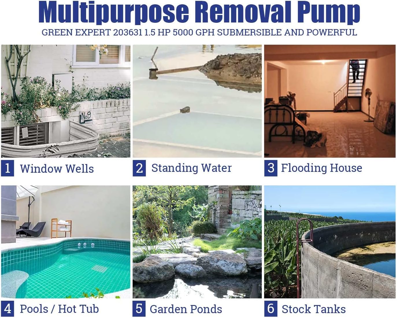 Green Expert 1.5HP Submersible Sump Pump High Flow 5000GPH 25ft Power Cord Manual Automatic On/Off for Water Removal from Basement Sump Pit Pools Hot Tub Spas Garden Pond