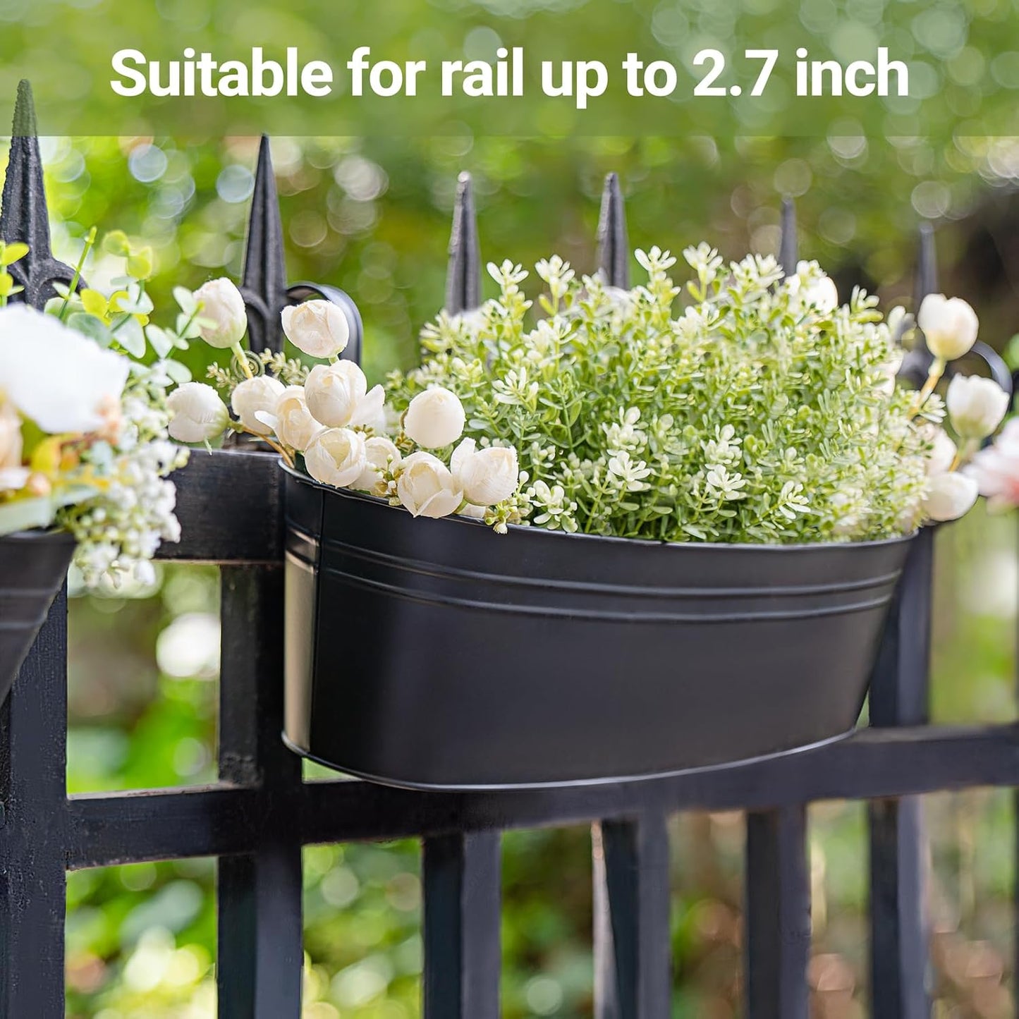 Dahey 3 Pcs Metal Hanging Flower Pots for Railing Fence Outdoor Planter 15.7 Inch Hanging Bucket Pots Countryside Window Flower Plant Holder with Detachable Hooks for Garden Yard Home Decor,Black
