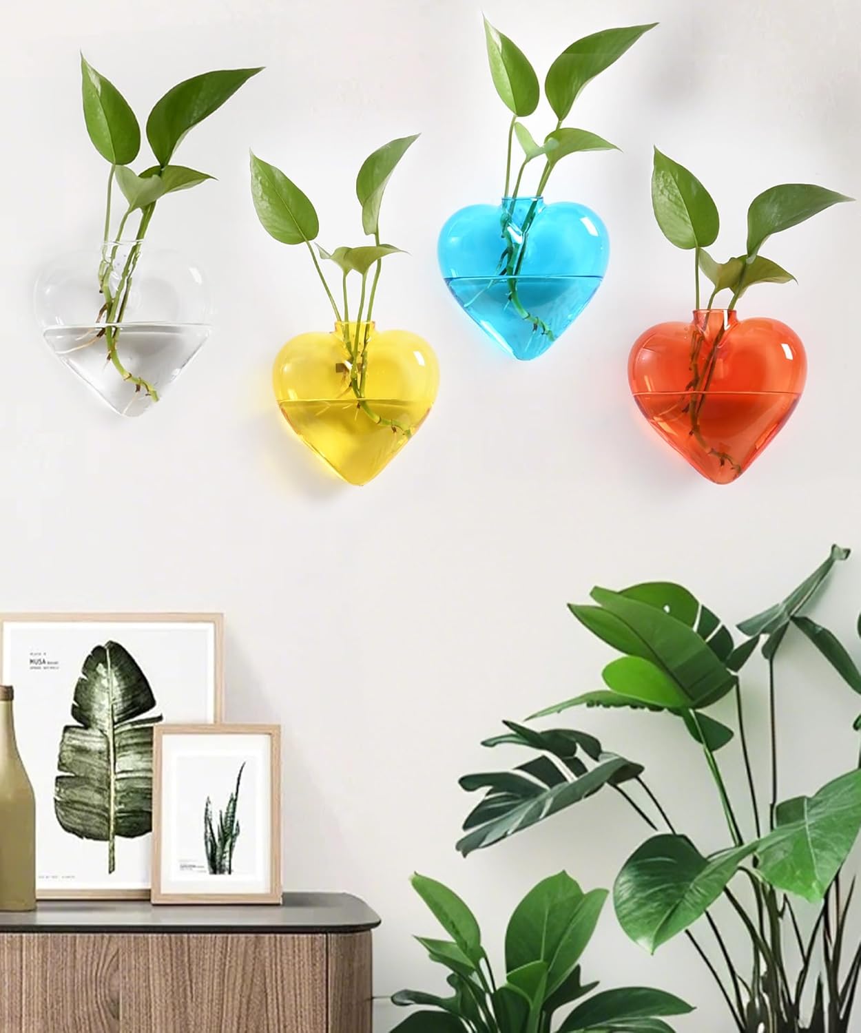 Nacome Wall Hanging Glass Planter Terrarium Plant Propagation Station, 4 Pack Heart Shape Vase for Hydroponic Home Office Garden Decor,Unique Gardening Gifts for Plant Lovers Women Mom(Colored)