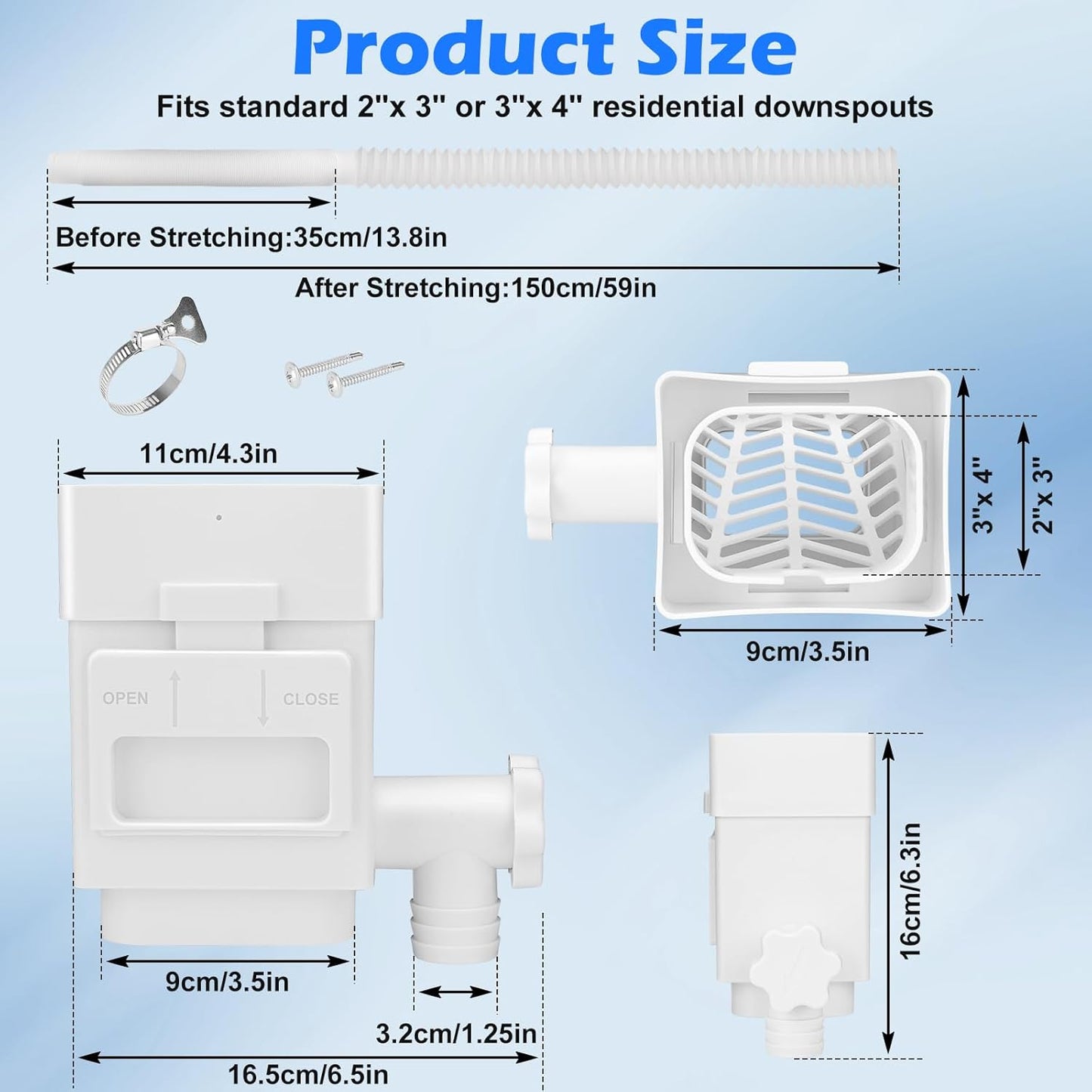WADEO Rainwater Collection System, Downspout Diverter Fits for 2"x 3" or 3"x 4" Residential Downspouts, Rain Barrel Diverter Kit with Adjustable Valve and Filter, 5FT Hose, White