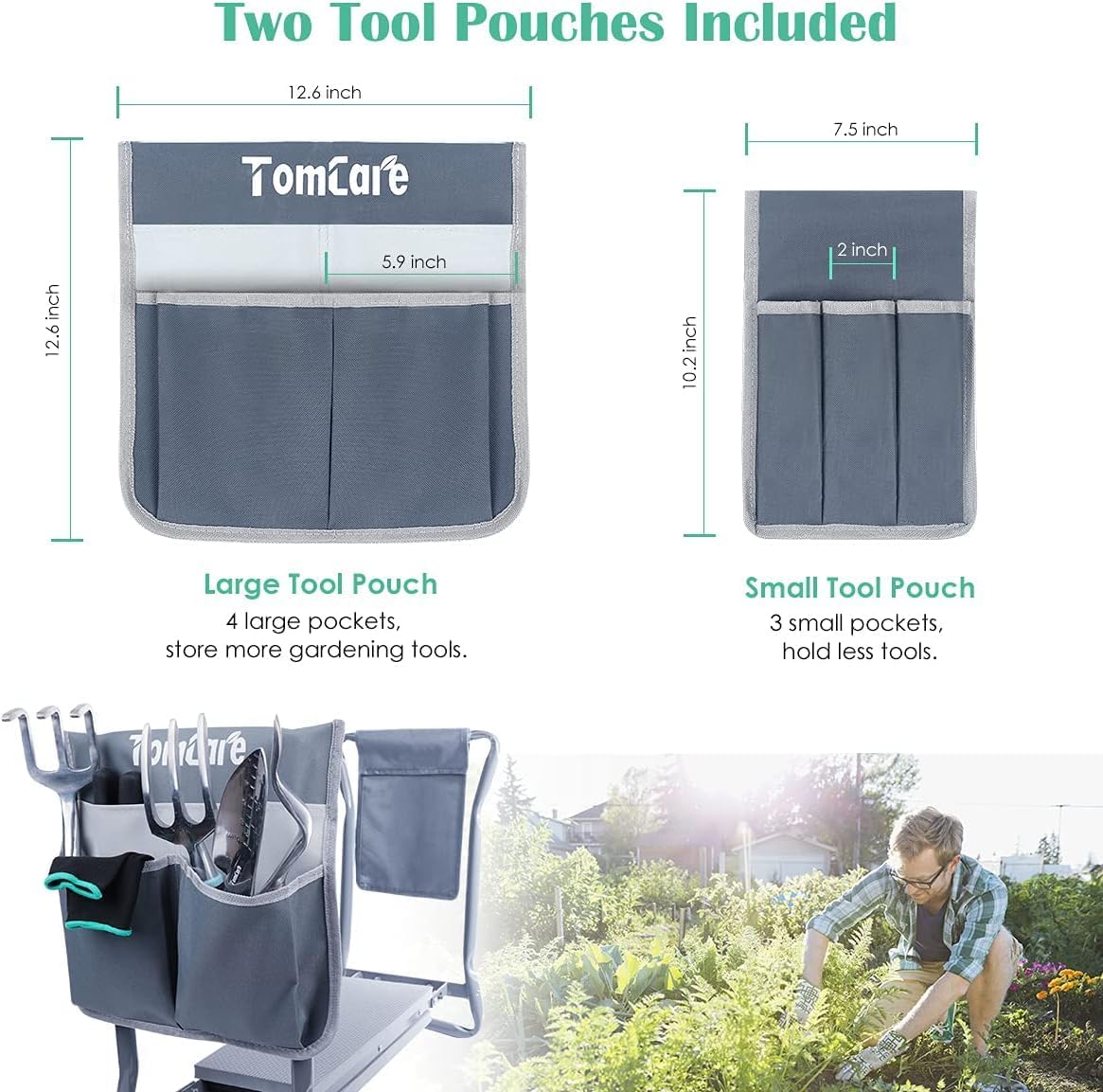TomCare Garden Kneeler Seat Garden Bench Garden Stools Foldable Stool with Tool Bag Pouch EVA Foam Pad Outdoor Portable Kneeler Christmas Gardening Gifts for Women Men,Large 21.65"x10.62"x18.89",Grey