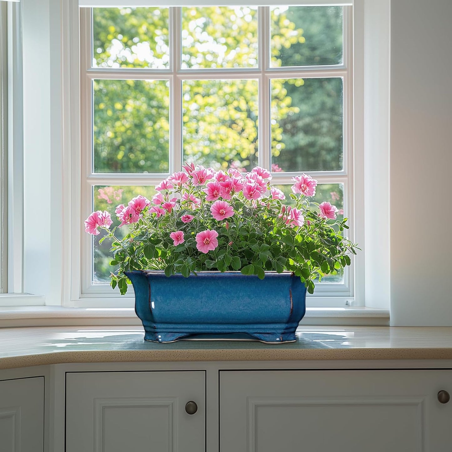 Bonsai Tree Pot - 13.7 Inch Large Ceramic Succulent Planter for Indoor Outdoor, Rectangle Plant Pot with Drainage Hole, Decorative Flower Pots, Home Decor, Gifts for Plant Lovers, Retro Blue