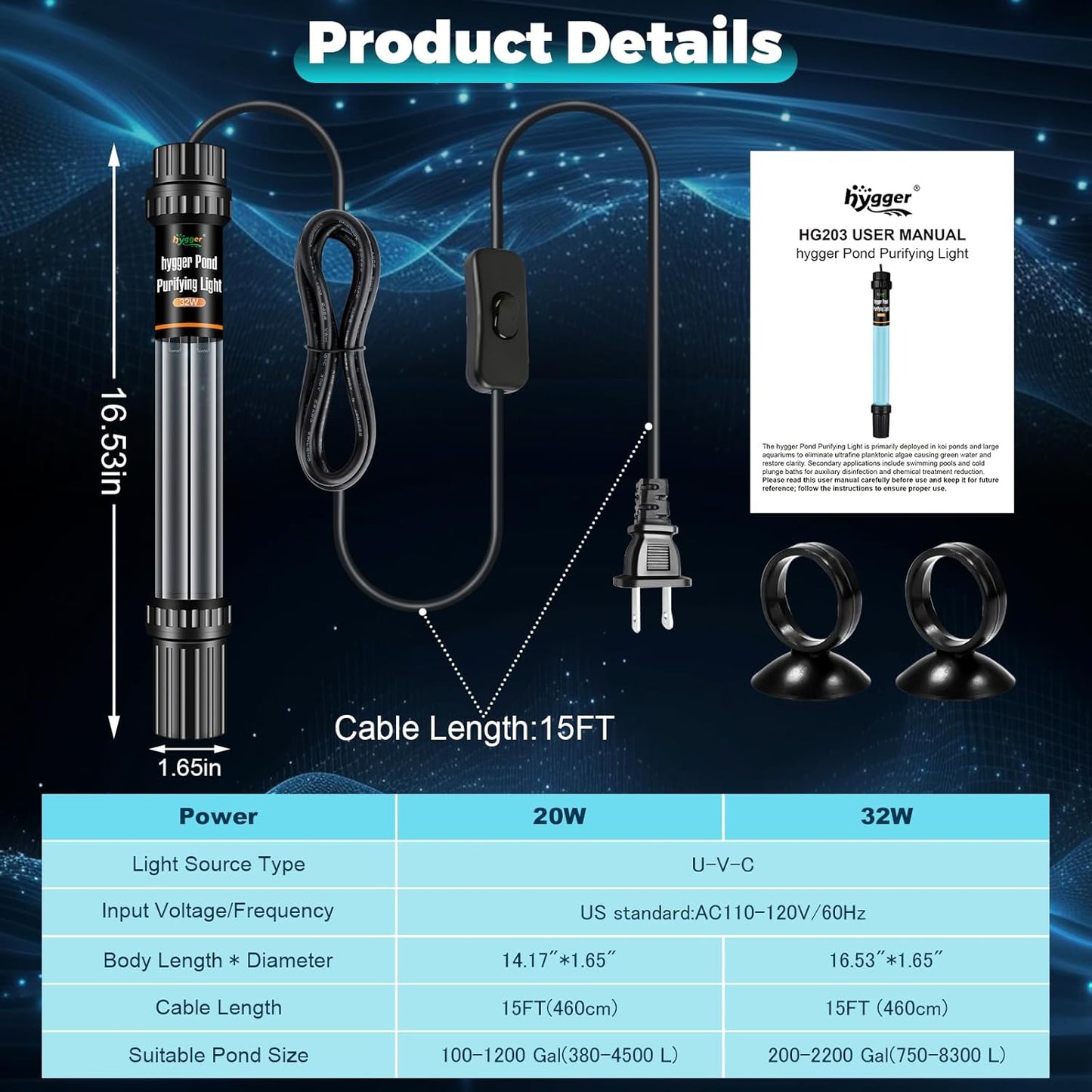 hygger 32W Aquarium U-V Light for 200-2200 Gallon, Pond Water Clarifier for Green Water and Algae Clean, for Koi Pond, Large Fish Tank, Swimming Pool, Cold Plunge, Spa