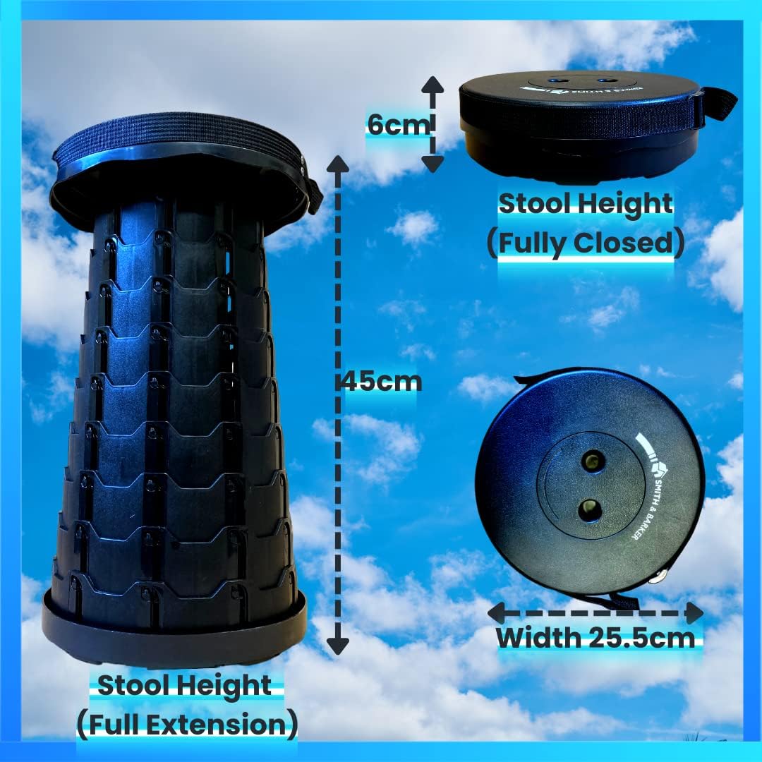 Smith & Barker Upgraded for 2025 Premium Telescopic Folding Stool for Adults and Children Outdoor Indoor Portable Collapsible Foldable Fishing Hiking Camping Festivals Seat (Black)