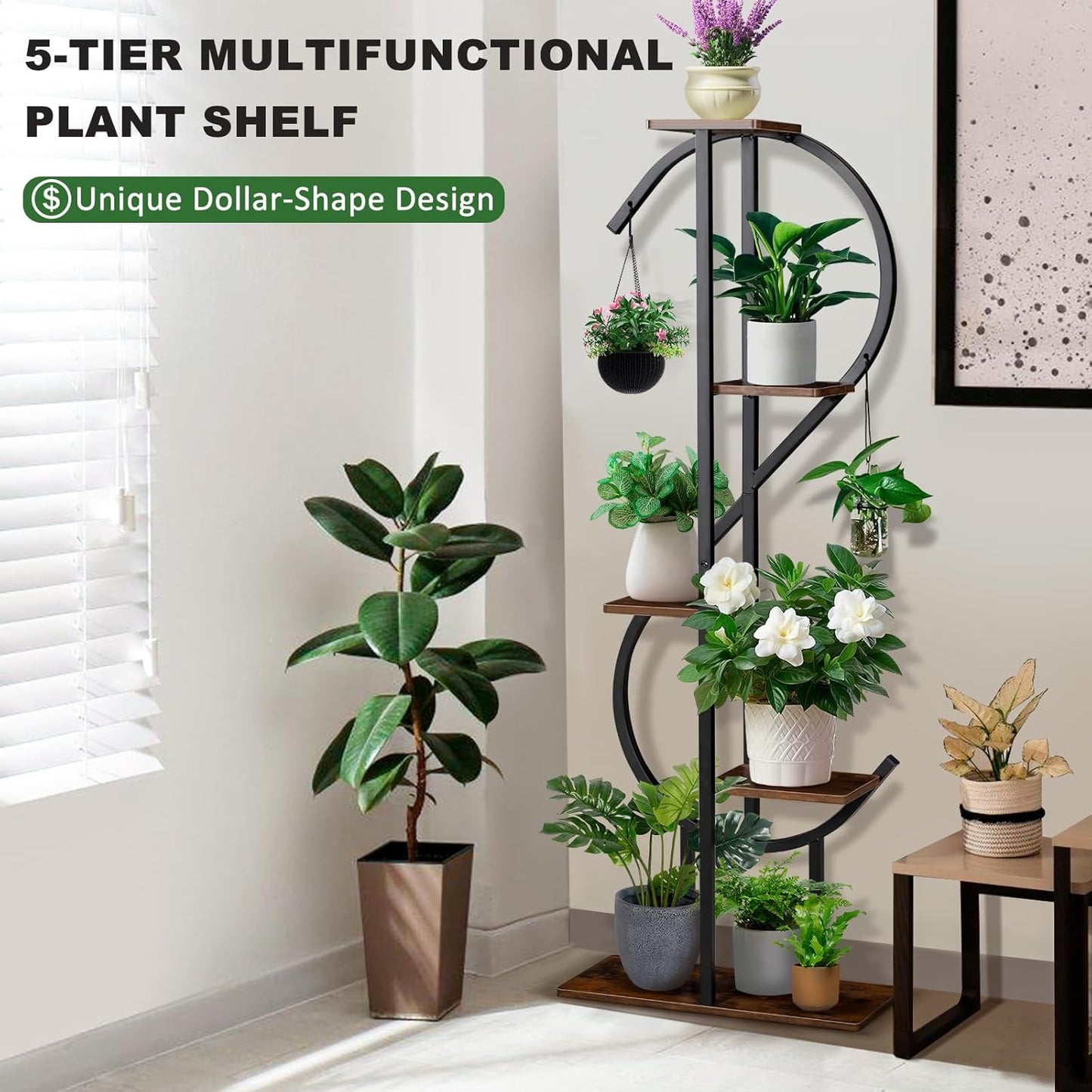 5-Tier Indoor Plant Stand, S-Shaped Corner Plant Stand with hanging Hooks & Gardening Tools, Aesthetic Tall Plants Shelf for Multiple Plants Flower Pot, Outdoor Plant Holder in Patio Balcony