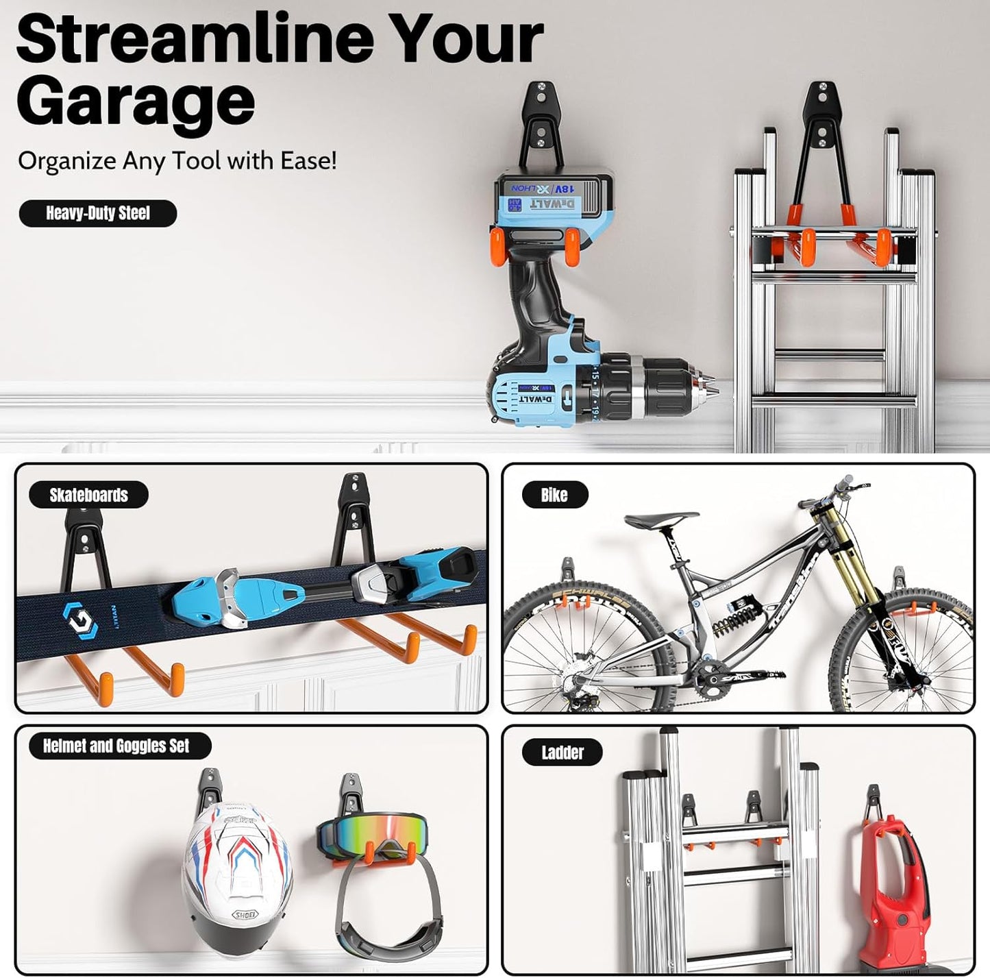 Garage Hooks Heavy Duty, 8 Pack Wall Mount Storage Hangers with Extension Cord Holder Organizer, for Power Tool, Garden Tool, Utility, Ladder, Hose and More