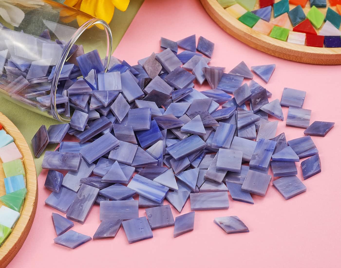 Lanyani Glass Mosaic Tiles for Art Crafts, 4 Shapes Mixed Colorful Glass Tiles Tiffany Stained Glass Pieces, 200 Pieces, Square/Rectangle/Diamond/Triangle,Blue Purple