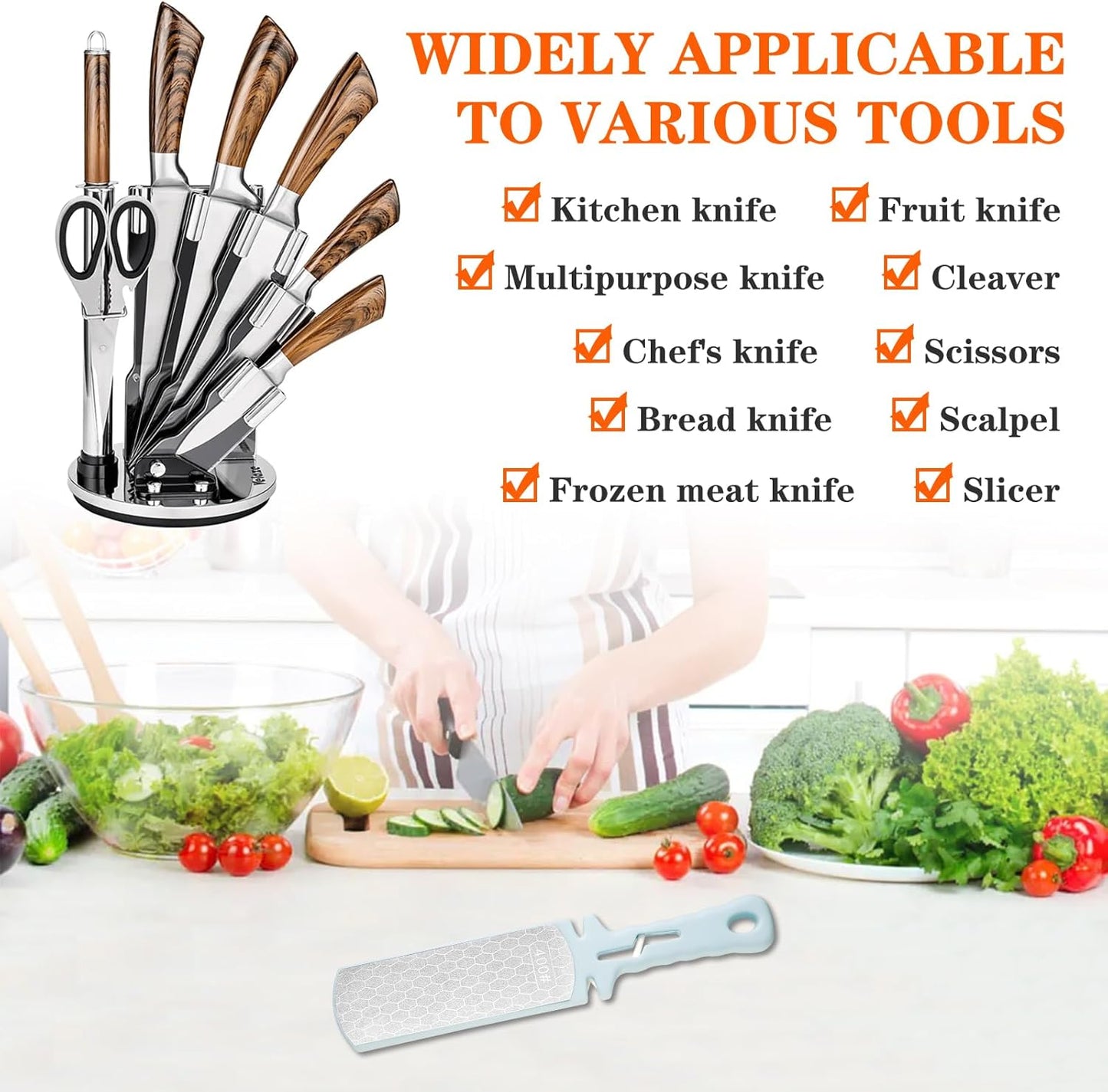 Diamond Sharpening Stone,400/1000 Grit Handheld Double-Sided Diamond Sharpener 5 in 1 Honeycomb Surface Knife Sharpener Plate Whetstone with Ceramic & Tungsten Steel Scissor Slot,Blue