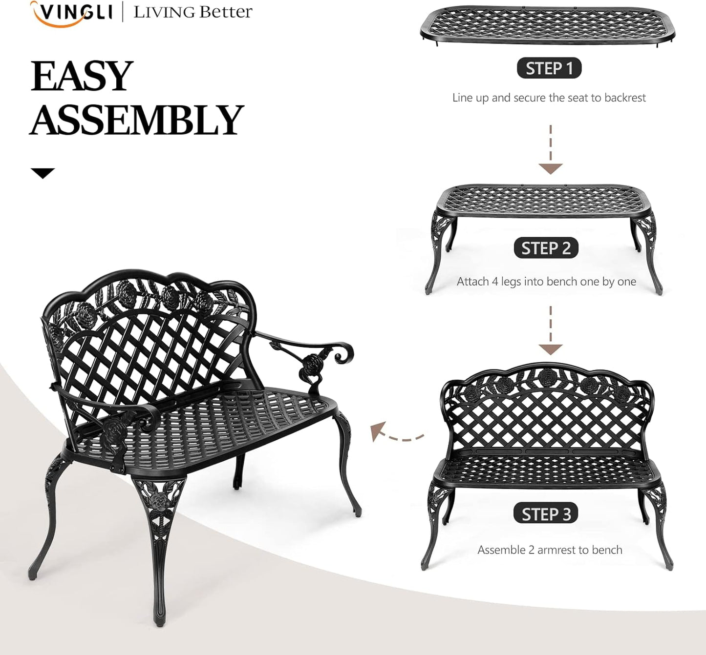 VINGLI 42.5" Outdoor Bench, Antique Cast Aluminum Front Porch Bench Metal Garden Benches Cast Iron Benches 2-3 People Seating (Black)