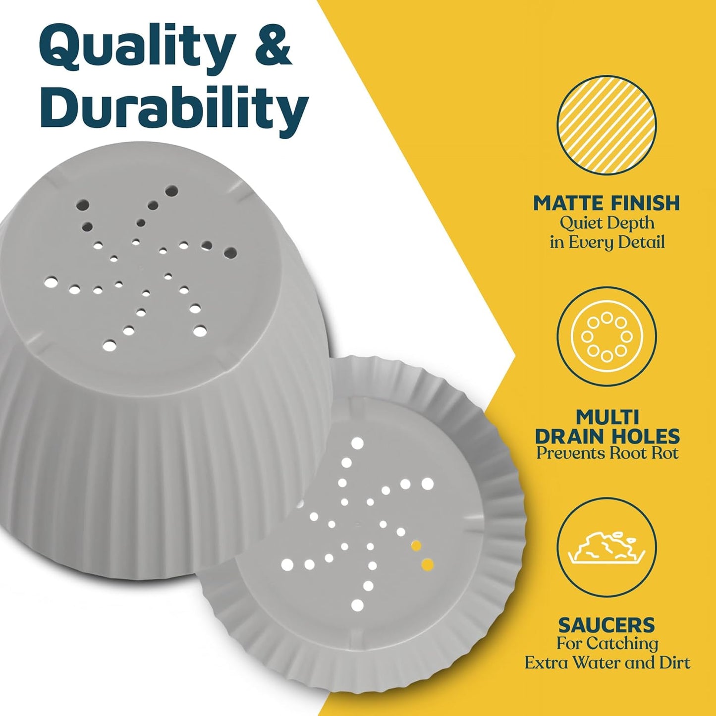 Gray 6-Inch Plant Pots with Drainage & Saucers 18 Pack, Indoor & Outdoor Planters for Houseplants, Herbs, and Flowers, Durable & Weatherproof Material, Stackable, Lightweight, Minimalist Design