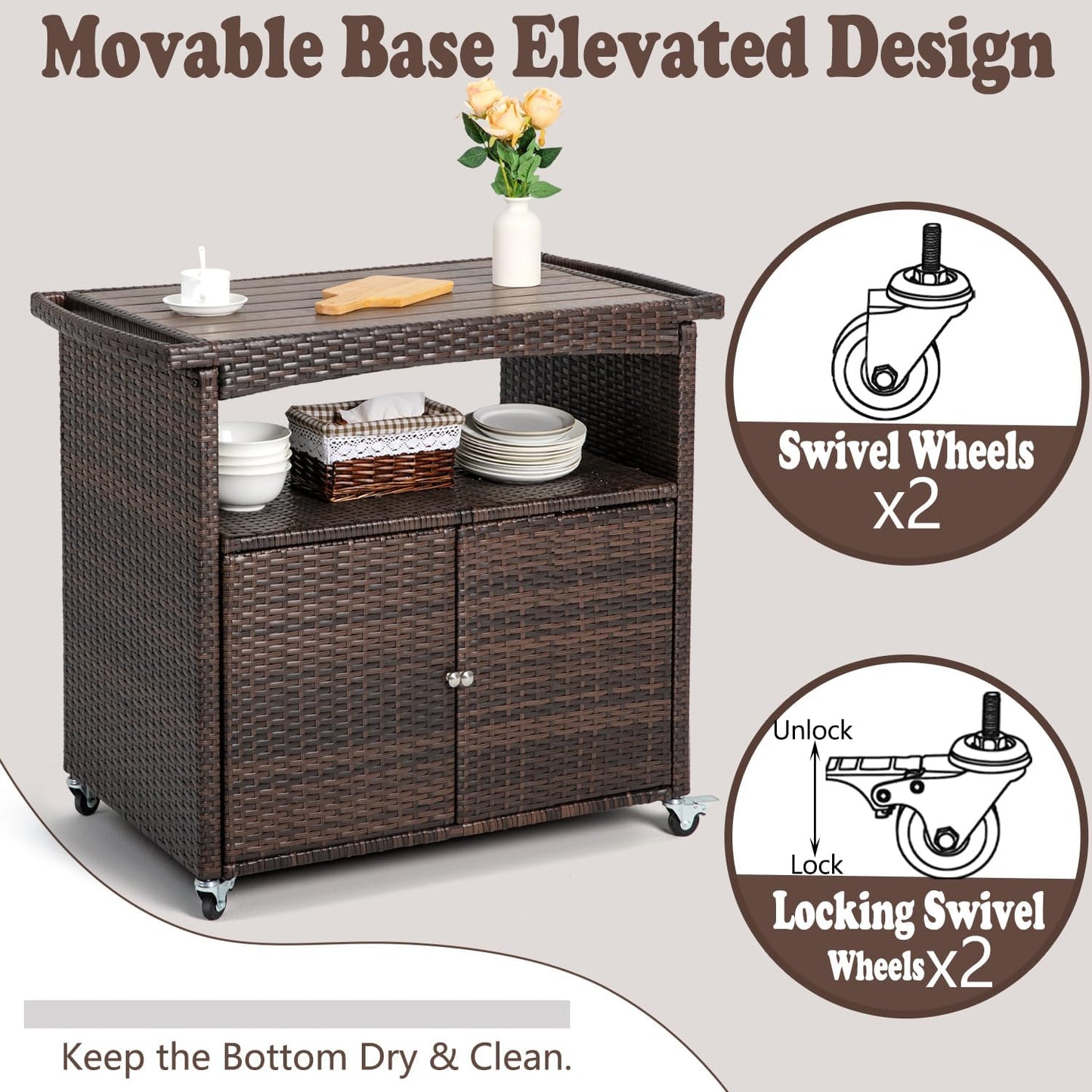 Outdoor Storage Cabinet,Outdoor Cabinet for Patio Bar Cart with Rolling Wheels Patio Bar Table with Storage Wicker Buffet Cabinets prep Table Kitchen Serving Cart with Door,Shelves,Handle Brown