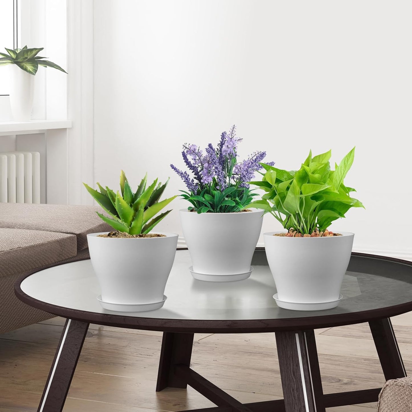 6 inch Plastic Nursery Pots, 16 Pack Plant Pots for Small Indoor Outdoor Plants, Flower Pots with Drainage Holes and Saucers, Decorative Seedling Starter Planters for House Plants, White