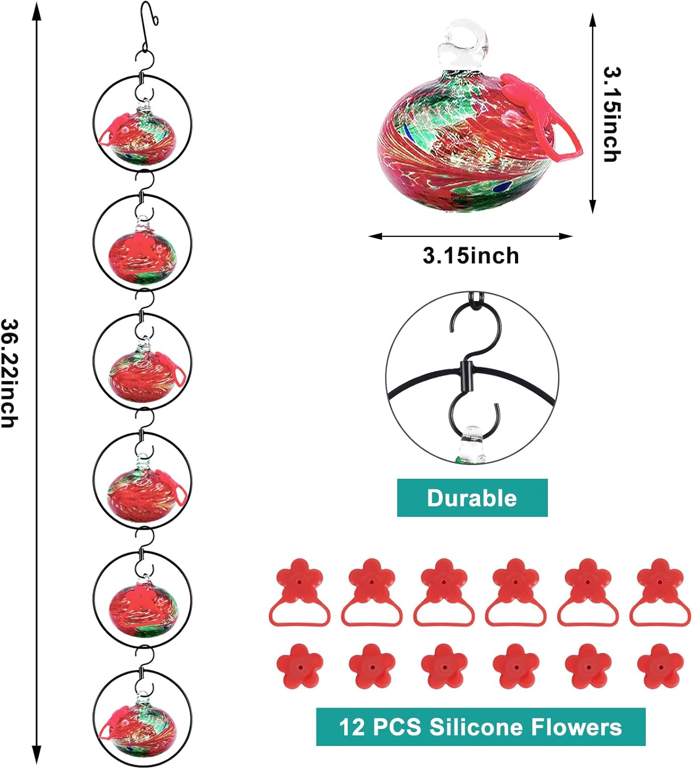 Flexible 6 Pack Hummingbird feeders for Outdoors Hanging Ant and Bee Proof,Detachable Hand Blown Glass Hummingbird Feeder with 6 Adjustable Silicone Perch(Red)