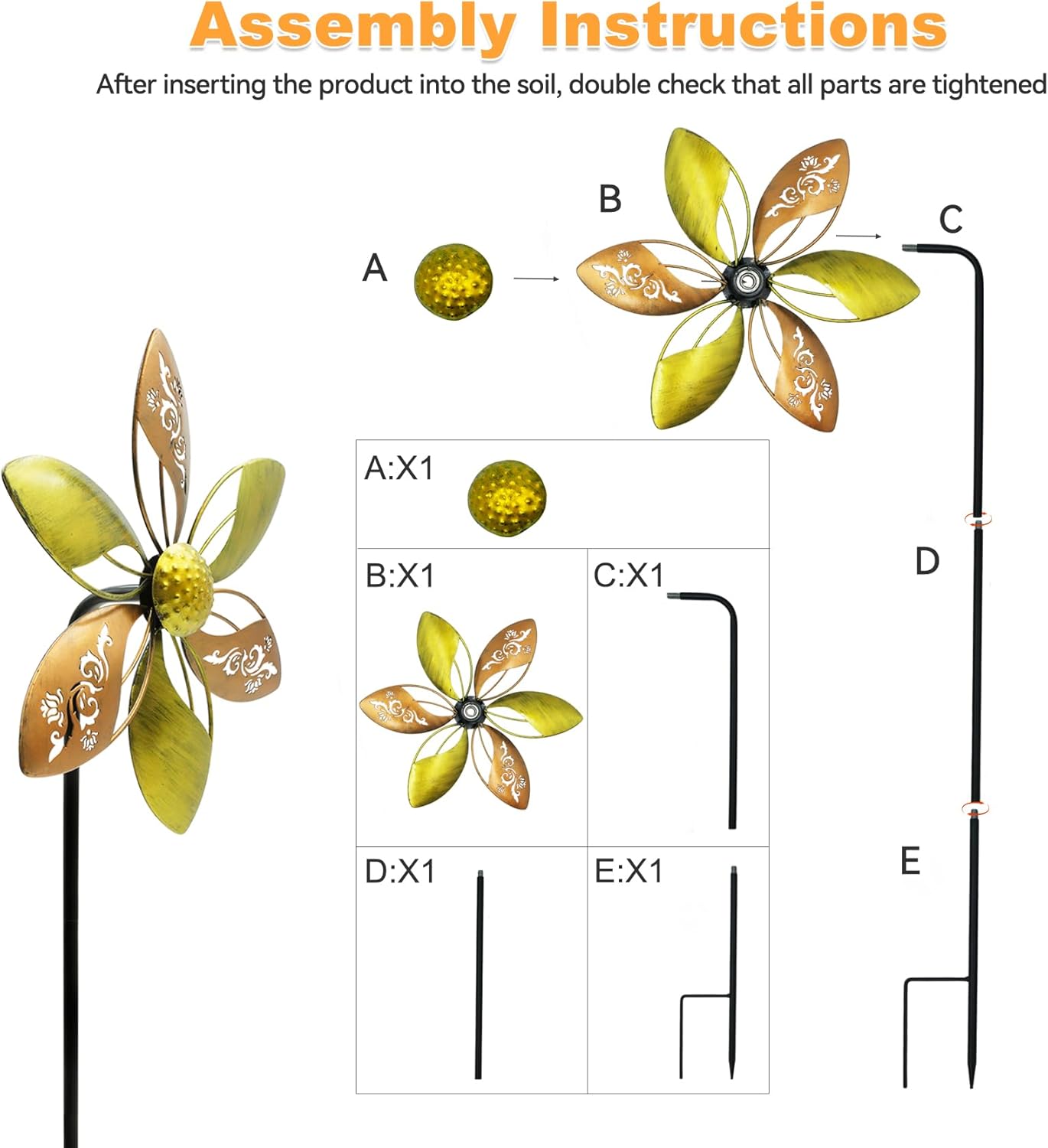 Wind Spinners Outdoor Metal, 10.63" W*37" H Pinwheels for Yard and Garden Decor, Kinetic Wind Sculpture Spinner (Gold Ornate Laser-Cut Floral)