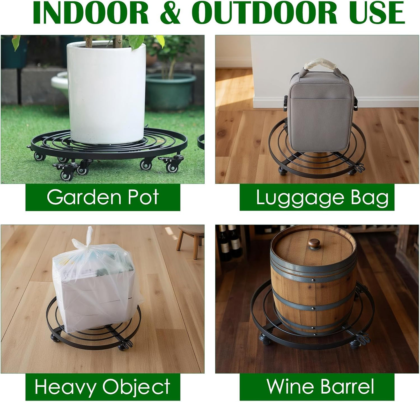 16" Heavy Duty Plant Dolly with Wheels Rolling Planter Base for Indoor/Outdoor Use | Patented Detachable Handle 360° Rotating Polyurethane Wheels Max Load 200 lbs for Large Pots & Planters