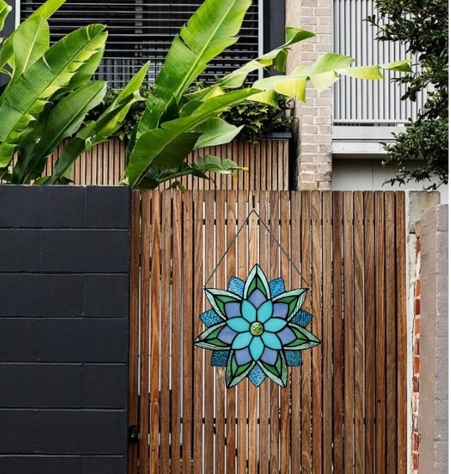 12 Inch Round Stained Glass Window Panel,Handmade Flower Stained Glass Window Hangings, Suncatcher Ornament for Home Décor