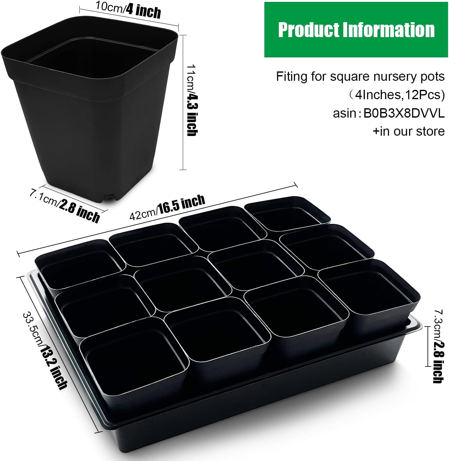 Seed Starter Tray, 5 Packs Plant Tray, Durable Plastic Growing Trays, Stackable Seedling Starter Trays Perfect for Indoor, Outdoor, Greenhouses, 16.5" L x 13.2" W x 2.8" H - Black