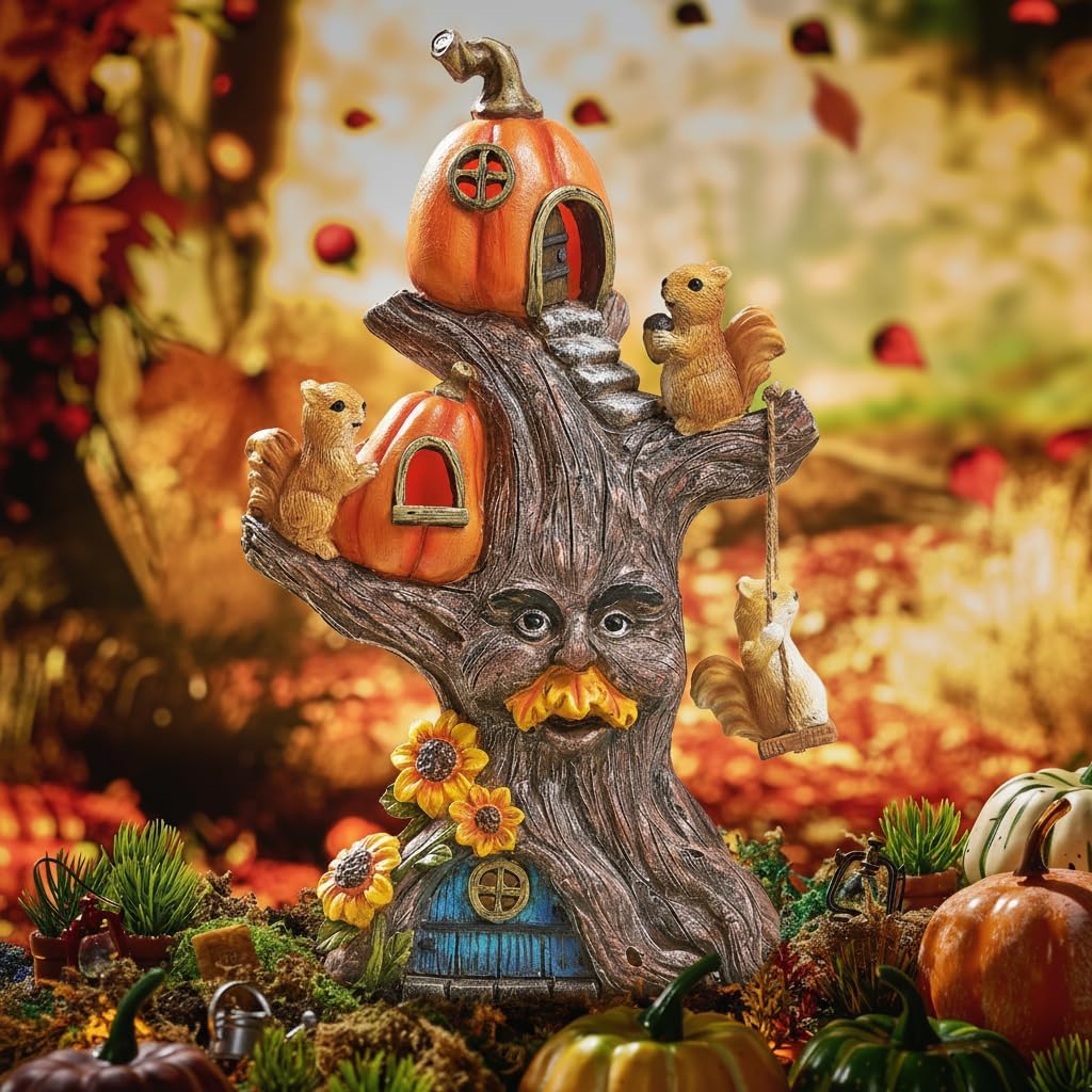 TERESA'S COLLECTIONS Fall Decor, Pumpkin Decor, Tree Spirit and Squirrels Pumpkin House with Solar Lights, Outdoor Fall Decor Waterproof Resin, Fall Gift Outdoor/Indoor,11"