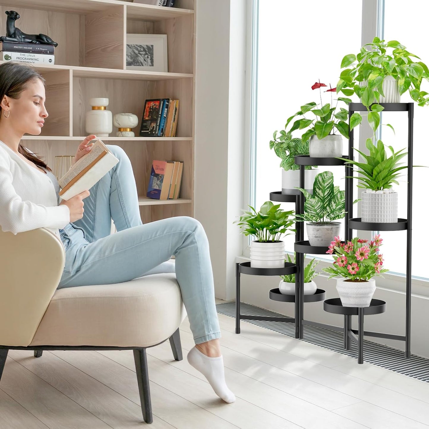 iDavosic.ly Plant Stand Indoor Outdoor, 8 Tier Corner Metal Flower Display Holder Shelf, Folding Tall Orchid Rack for Patio Balcony Porch Garden Living Room House, Black