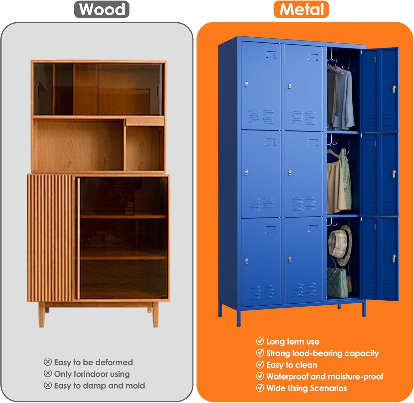 9 Doors Metal Storage Lockers for Employees with 27 Hooks,72" H Employee Lockers with Business Card Holder for Offices School Gyms Home,Assembly Required,Blue