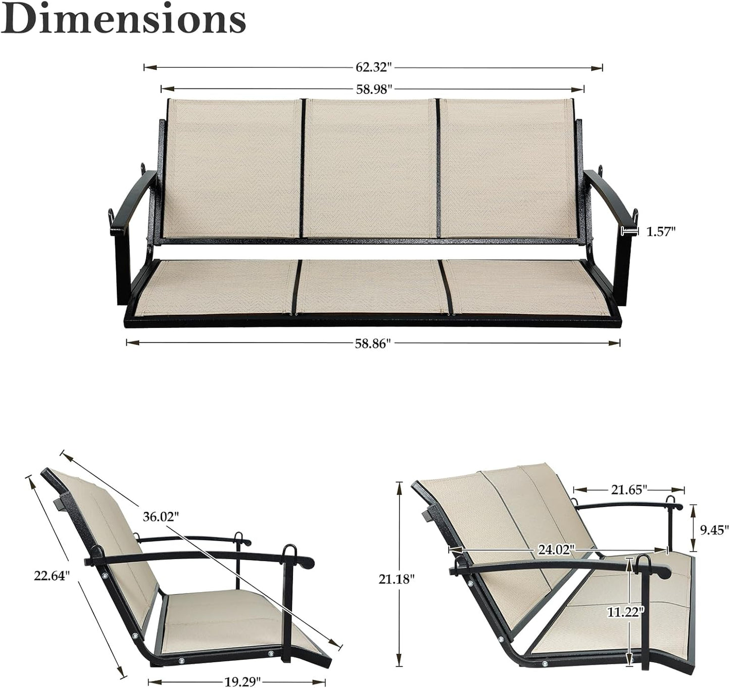 Textilene 3 Seat Hanging Swing, 5.2FT Patio Bench Swing, 660lbs Heavy Duty Outdoor Porch Swing with Hanging Chains for Courtyard, Garden, Tree, Yard