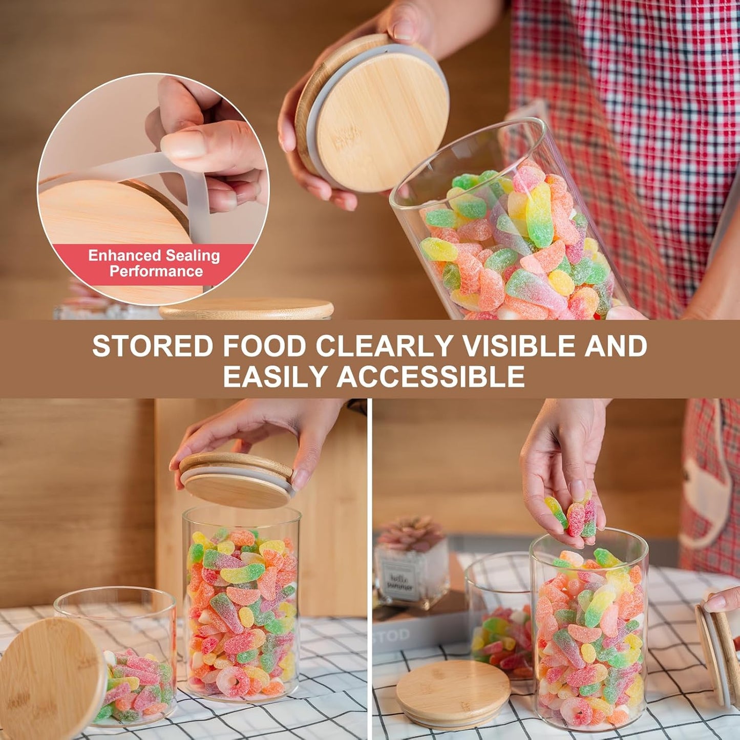 Glass Food Storage Jars Set of 8,26oz-Glass Storage Containers Clear Glass Food Canister with Bamboo Lid Airtight For Serving Tea, Coffee, Flour,Candy, Cookie, Spice(Round-80CMx150CM)