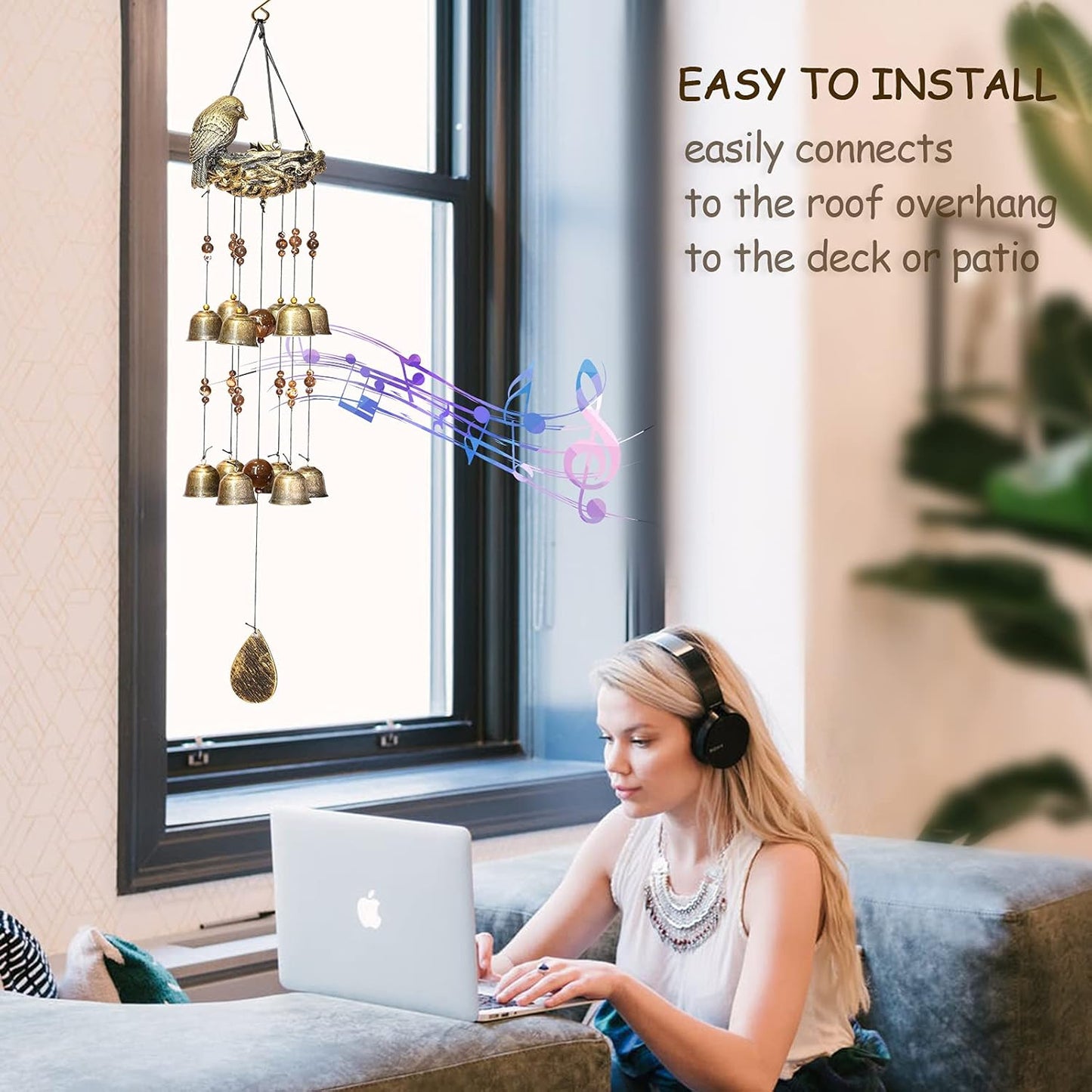 Bird Nest Wind Chimes,Wind Chimes for Outside with 12 Wind Bells for Glory Mothers Love Gift,Bird Bells Chimes Hanging Decoration for Outside Garden Yard Church, Bronze