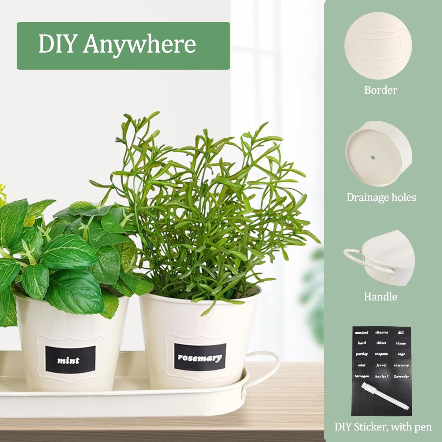 4" Herb Garden Planter Kit, Indoor Herb Planters with Tray, Set of 3 Metal Windowsill Pots for Flower Plants with Drainage Hole, Customizable Labels & Marker Pen, Beige