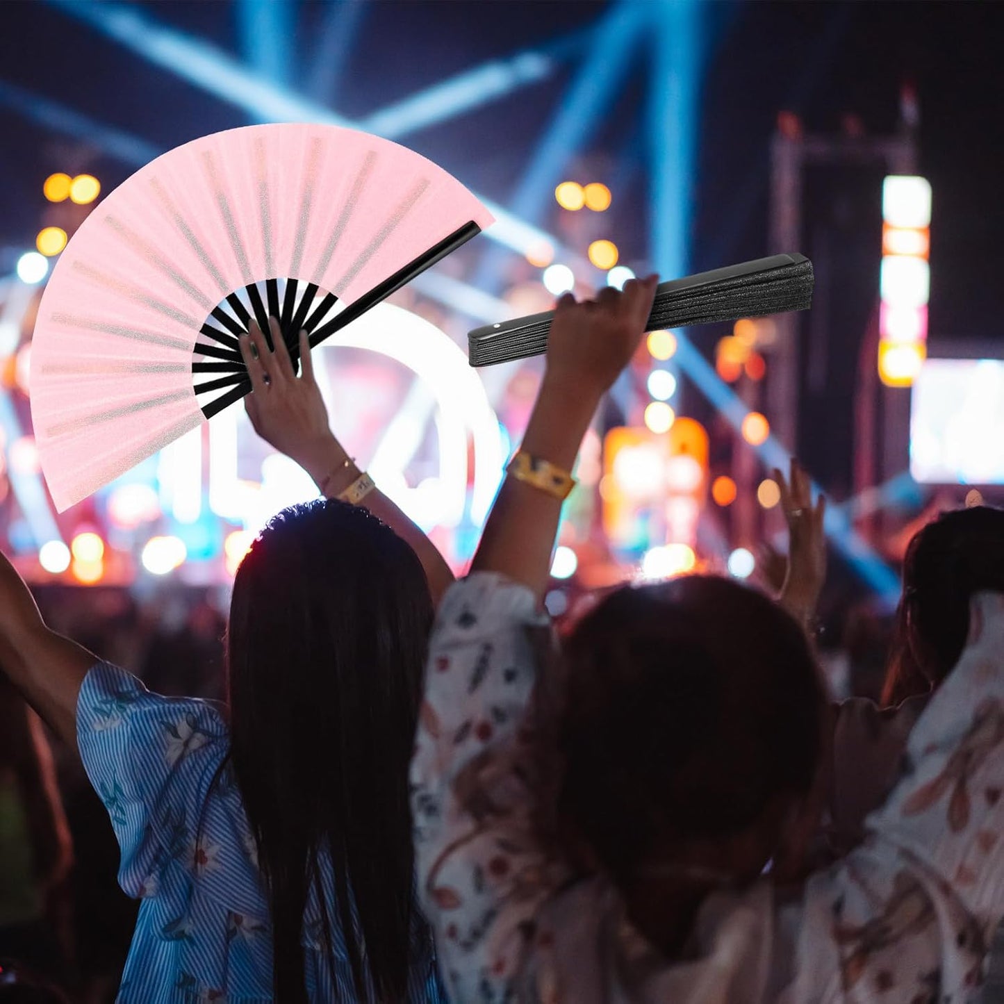 Maitys 2 Packs Large Clap Fans for Line Dancing Large Chinese Folding Hand Fans for Men and Women, Festival, Tai Ji, Kungfu, Martial Art, Gifts (Glitter Black and Pink)