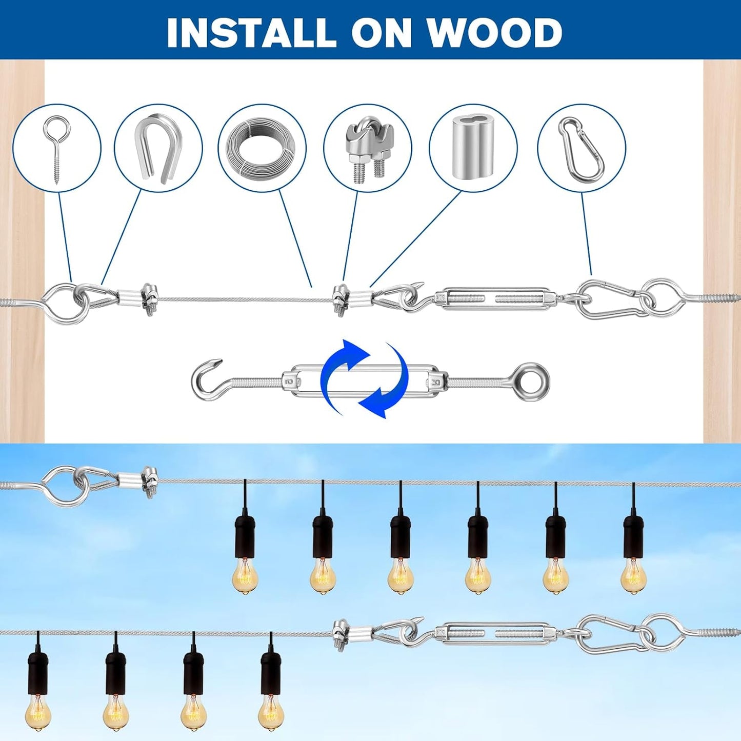 220FT 1/16" Wire Rope Kit - String Light Hanging Kit Vinyl Coated 304 Stainless Steel Cable with Turnbuckles for String Light Hanging, Gate Anti Sag, Stair Railing, Curtain, Picture Hanging, Garden