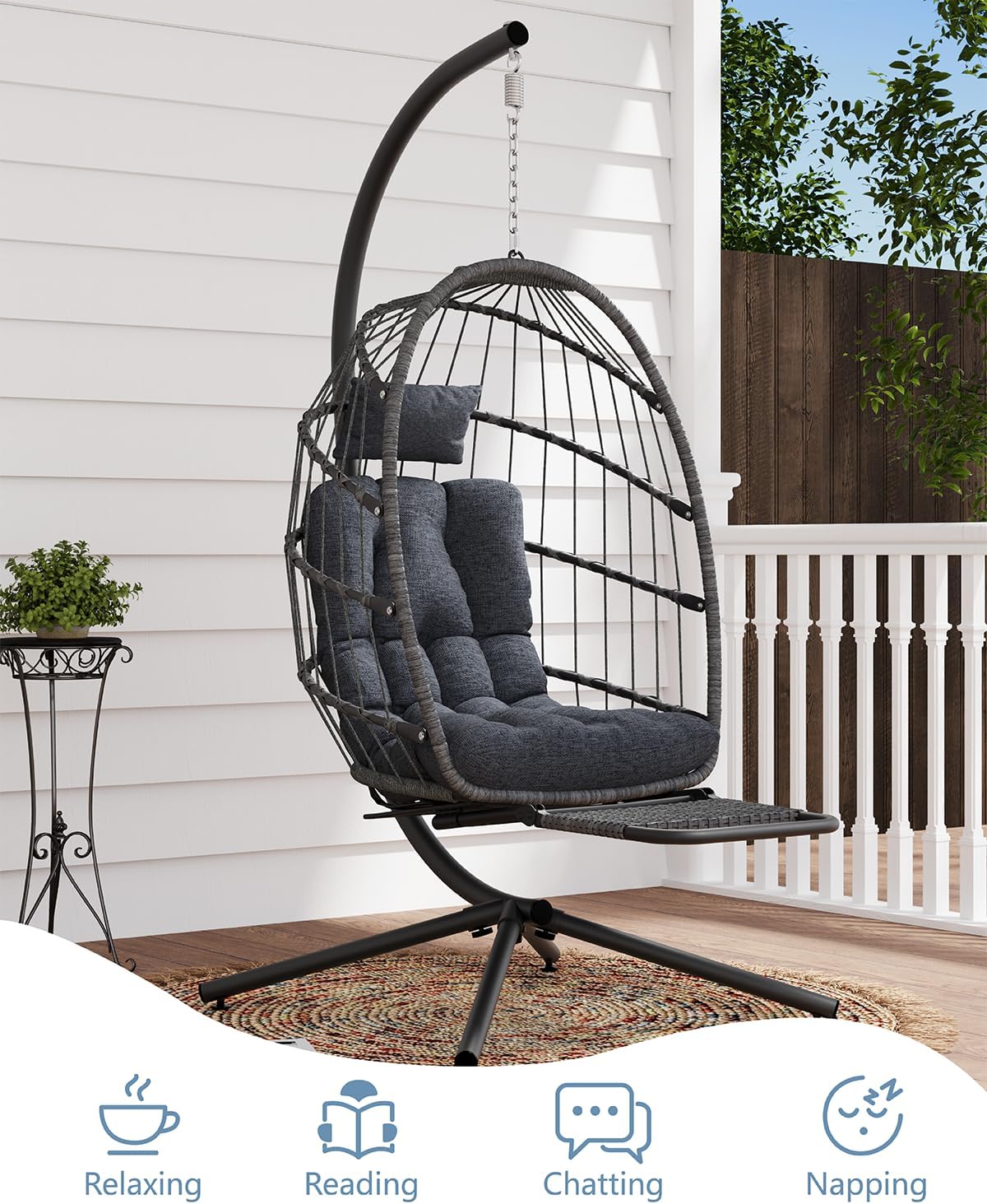 SWITTE Egg Chair Outdoor with Footrest & Stand, Indoor Wicker Hanging Egg Swing Chair with Cushion for Patio, Bedroom, Garden - Dark Gray