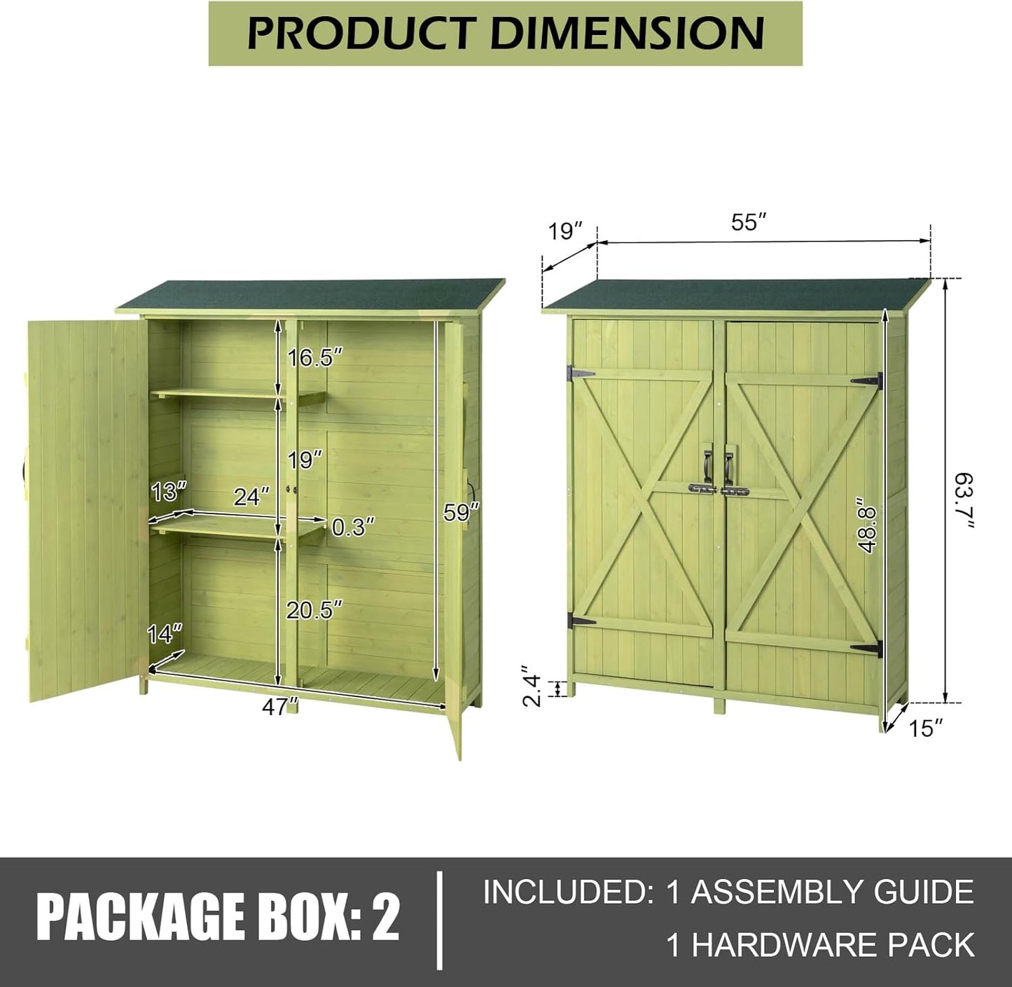 Outvita Outdoor Storage Cabinet with Waterproof Roof, Double Lockable Doors Garden Shed with 2 Removable Shelves, Wooden Storage Shed with Large Storage Space for Yard Garge Patio Deck Porch(Green)