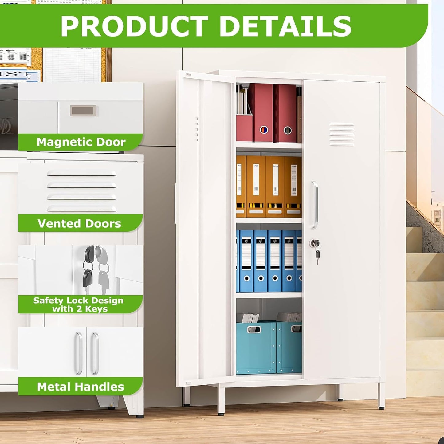 47" Metal Storage Locker, Lockable Employees Metal Locker with 2 Door and Adjustable Shelves, Steel Locker for Home, School, Office, Gym (White)