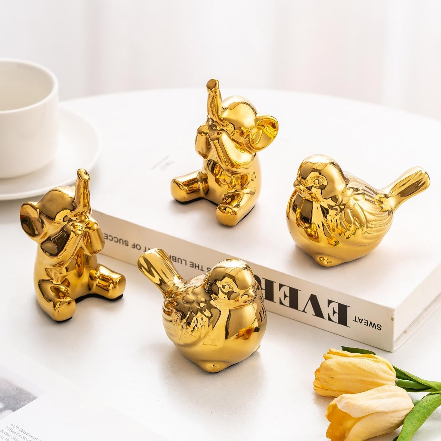 Set of 2 Small Birds Statues Gold Home Decor Modern Boho Style Figurine Decorative Ornaments for Living Room, Bedroom, Office Desktop, Cabinets, Shelf