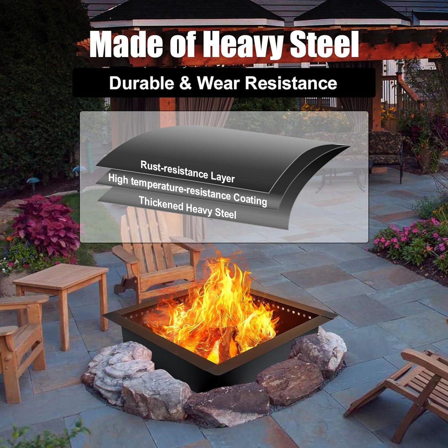 42 inch Square Fire Pit Ring, Heavy Duty Firepit Ring, DIY Campfire Insert Above or In-Ground, for Outdoor, Camping, and Bonfires