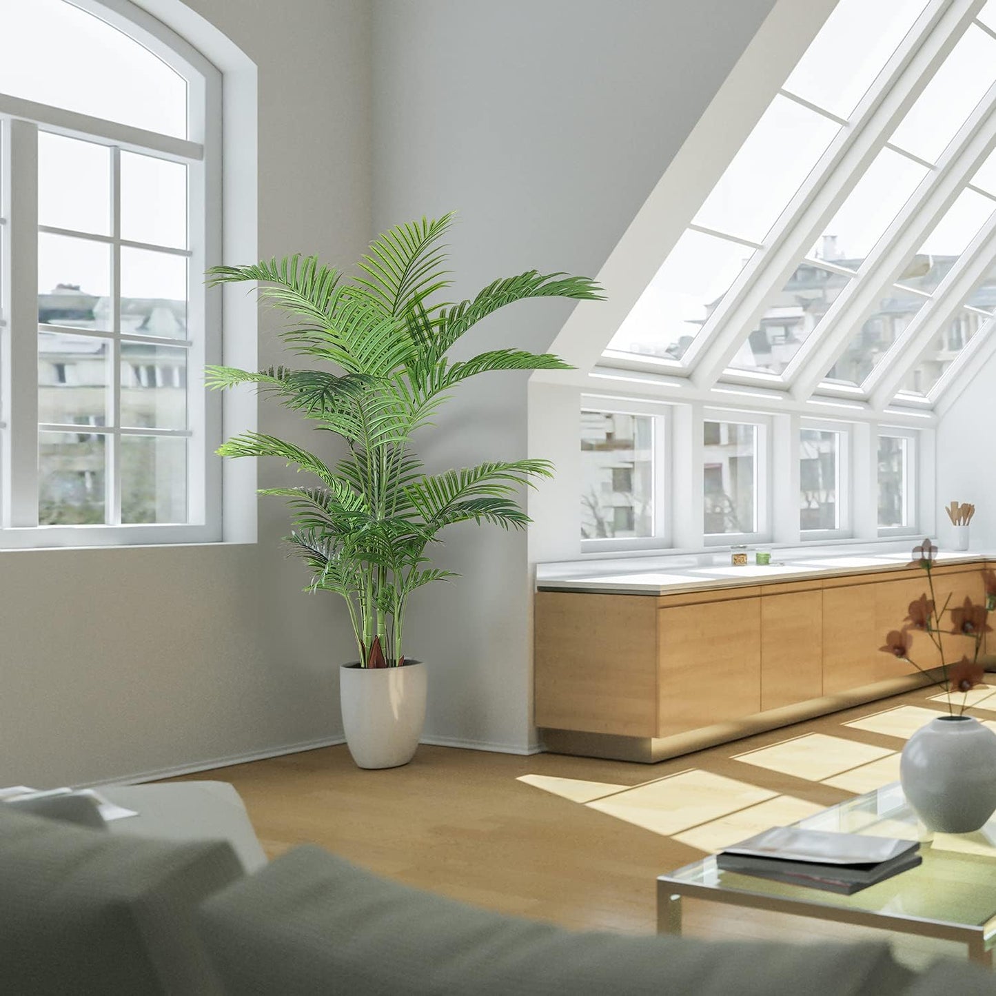 Fopamtri Artificial Areca Palm Plant 5 Feet Fake Palm Tree with 17 Trunks Faux Tree for Indoor Outdoor Modern Decoration Feaux Dypsis Lutescens Plants in Pot for Home Office Perfect Housewarming Gift