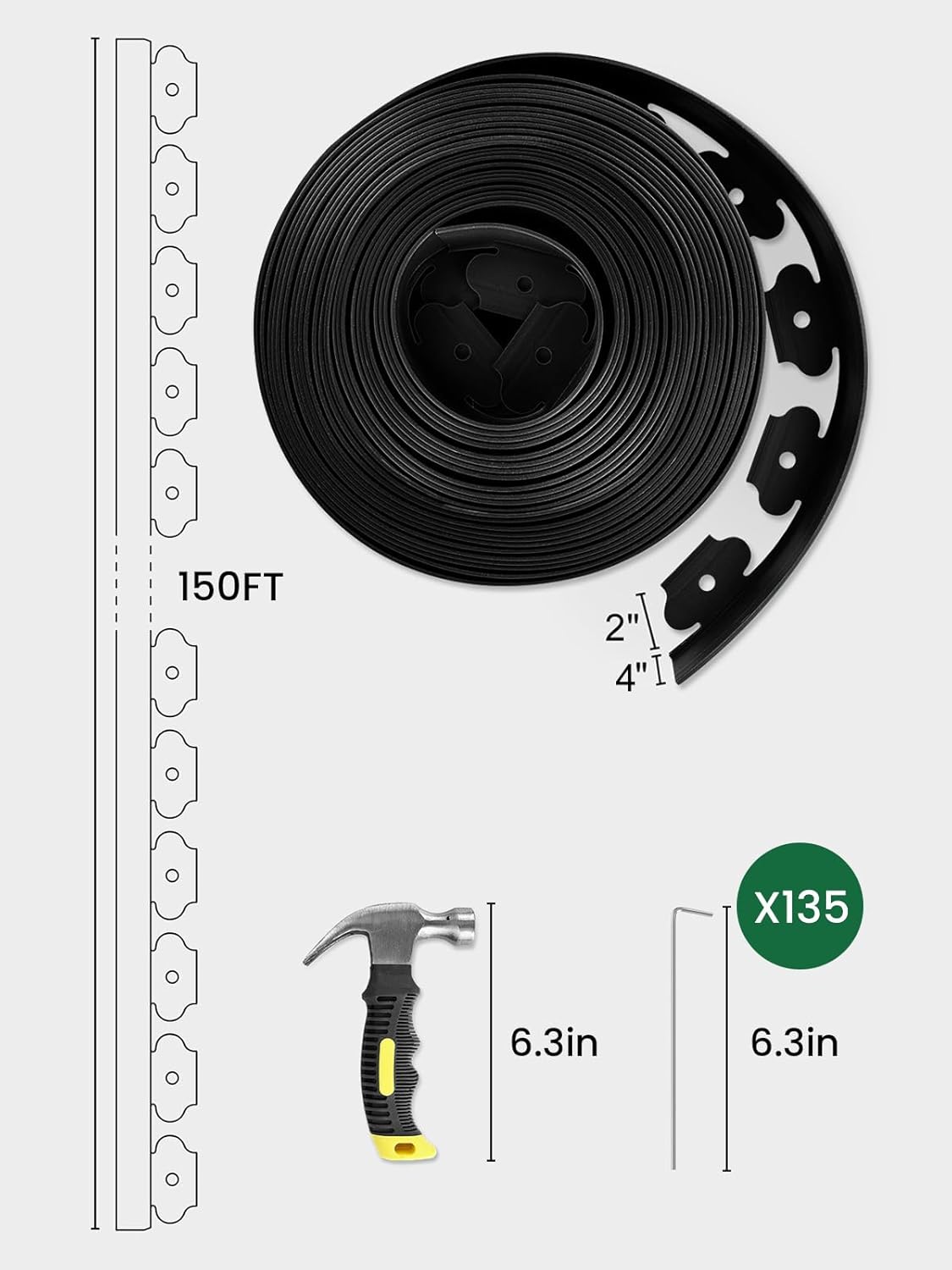 GROWNEER 150FT Landscape Edging Flexible 4 inch Tall Garden Border with 130pcs Galvanized Steel Anchoring Spikes and Hammer Lawn Edging Kit for Flower Bed, Pathway, Landscaping Project, Black