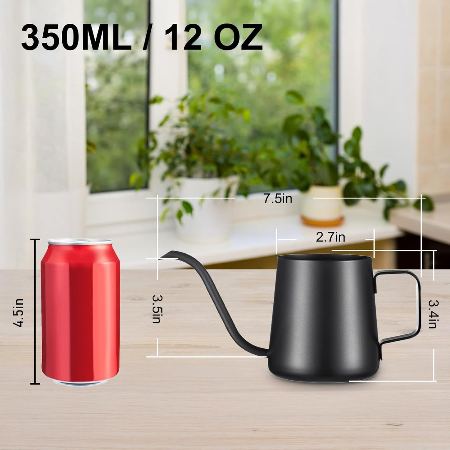 12 oz / 350 ml Watering Can Indoor Plants, Stainless Steel Plant Watering Can with Long Spout (Black) (12oz)