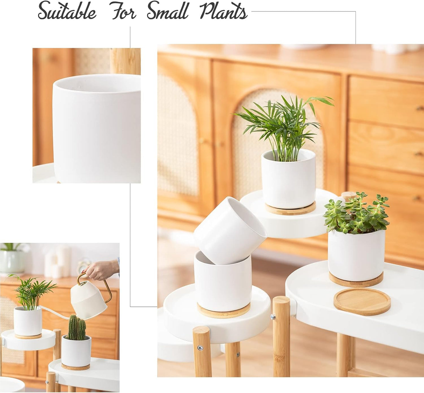 OMAYKEY 4 Inch Ceramic Plant Pot with Saucer, White Planters Pots with Drainage Hole and Mesh Pads for Succulent, Snake, Cactus, Herbs - 4 Packs(Plant Not Included)