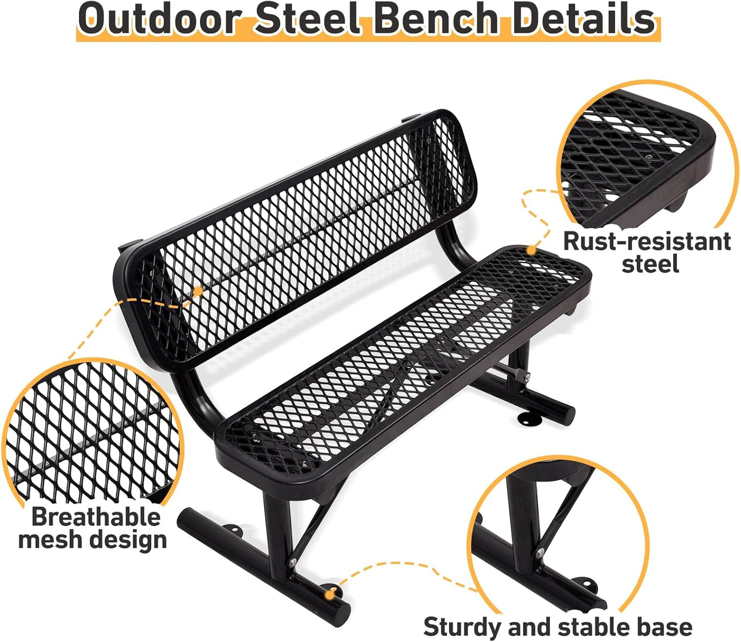4Ft Outdoor Bench with Back Portable Frame, Outdoor Steel Park Bench with Backrest, Expanded Metal Mesh Bench for Outside, Lawn, Backyard, Park, Deck, Garden, Patio, Porch, Black