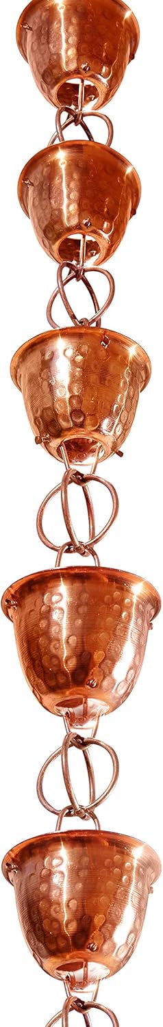 Monarch Rain Chains Pure Copper Hammered Cup Rain Chain Extension, 3 ft Copper Decorative Rain Catcher Chain for Gutters, Rain Gutter Extension Downspout