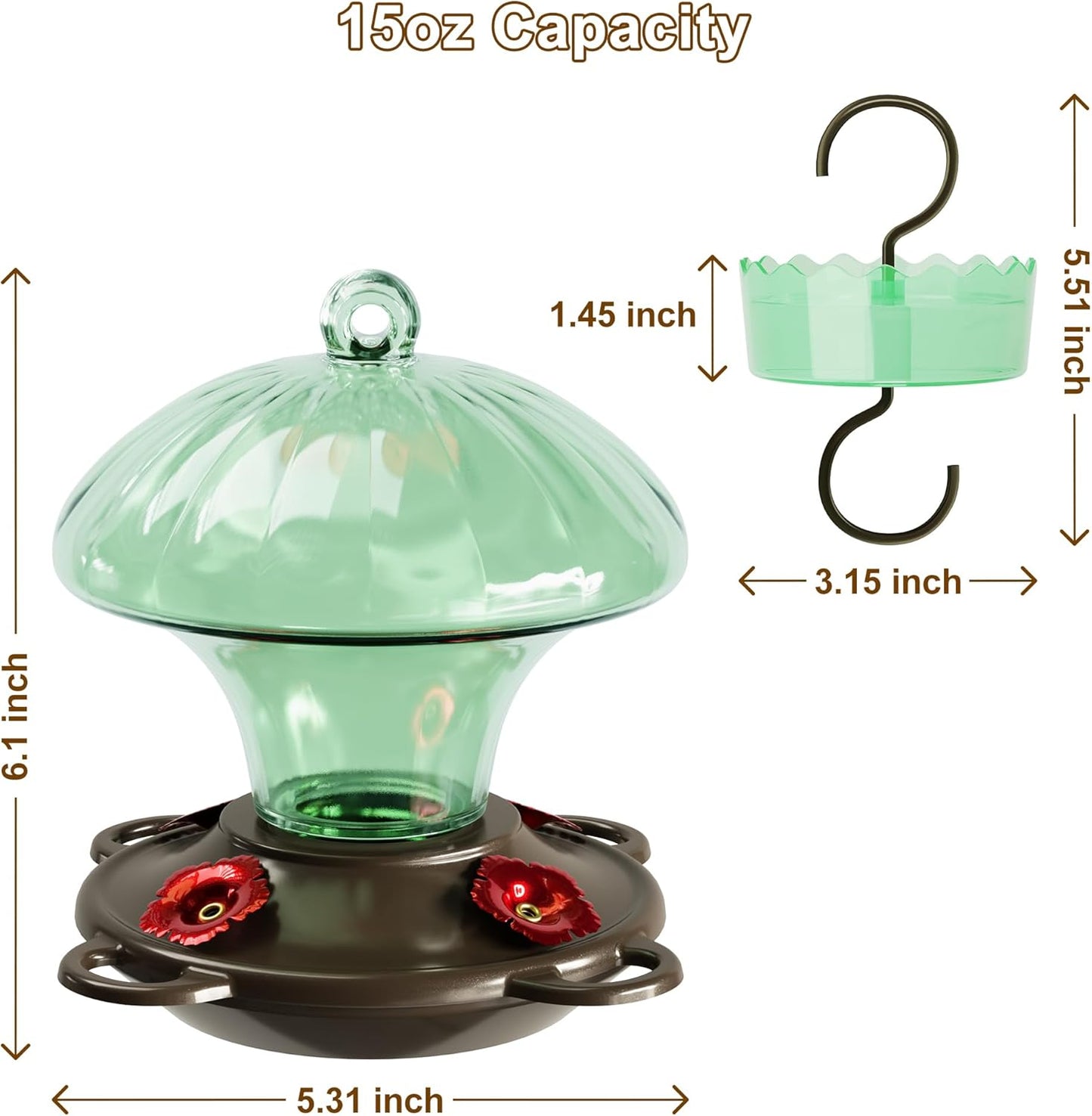 Hummingbird Feeder, Auslar 15 Ounces Glass Hummingbird Feeders for Outdoors Hanging Ant and Bee Proof, Ant Moat & 4 Flower Feeding Ports, Rustproof, Leakproof, Mushroom Shape, Green