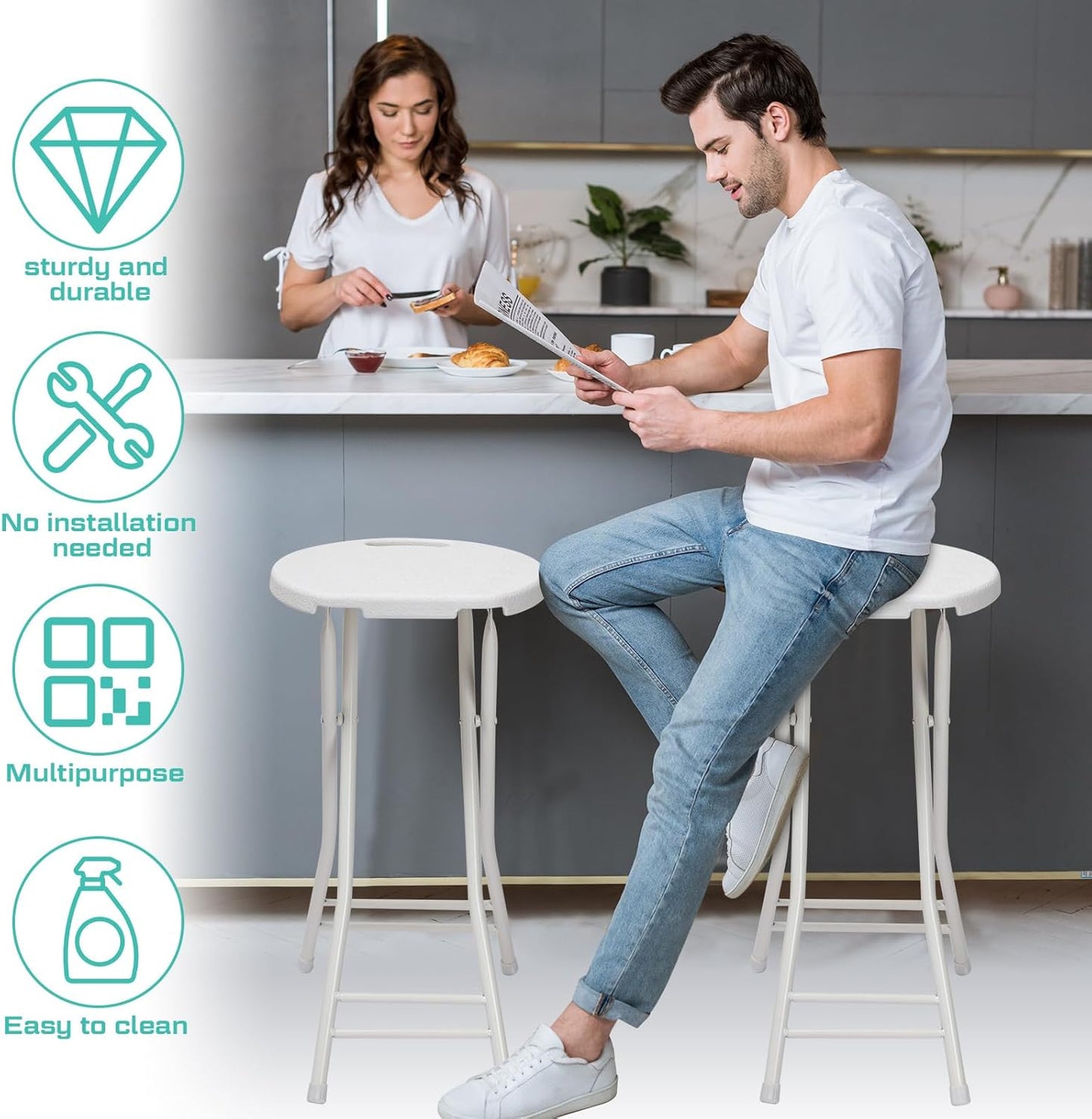 Suzile 2 Pcs 24 Inch Tall Folding Chair Portable Plastic Stool Chair Heavy Duty Foldable Bar Stools with Handle for Adults Kitchen Counter Room Home Camping Indoor Outdoor, 300lbs Capacity (White)