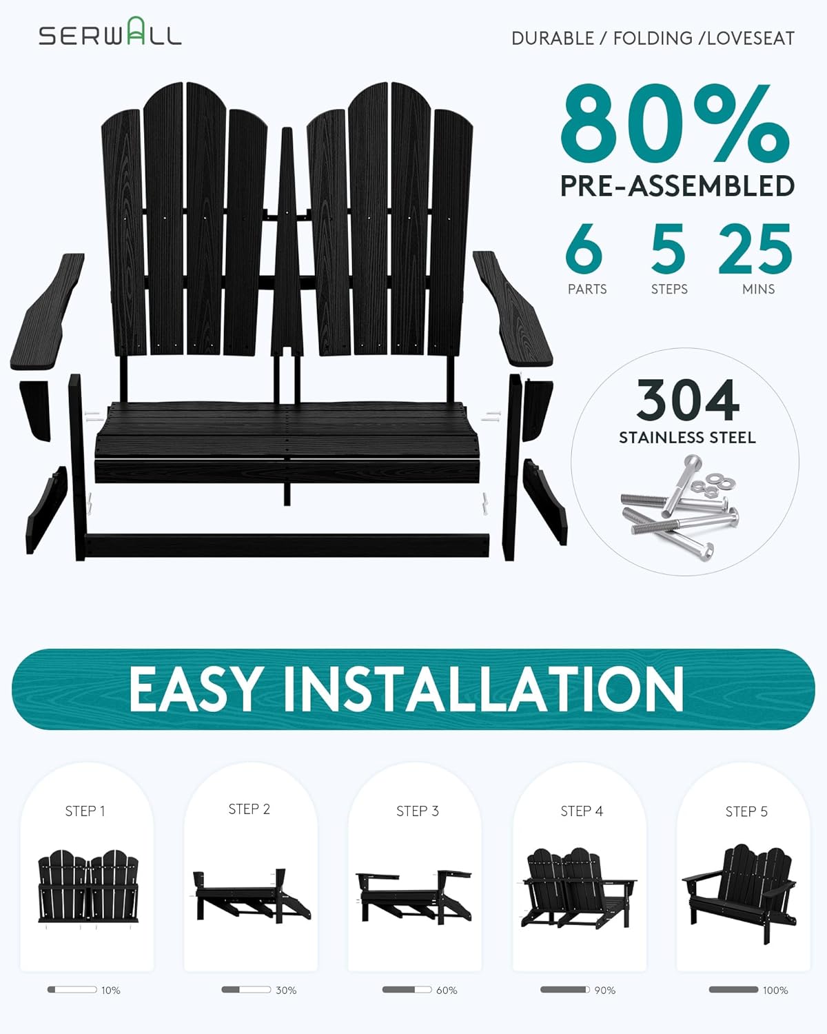 SERWALL Folding Adirondack Bench, HDPE All-Weather Adirondack Loveseat, 660 lbs Capacity, Foldable Outdoor Patio Bench for Deck, Lawn, Garden, Black